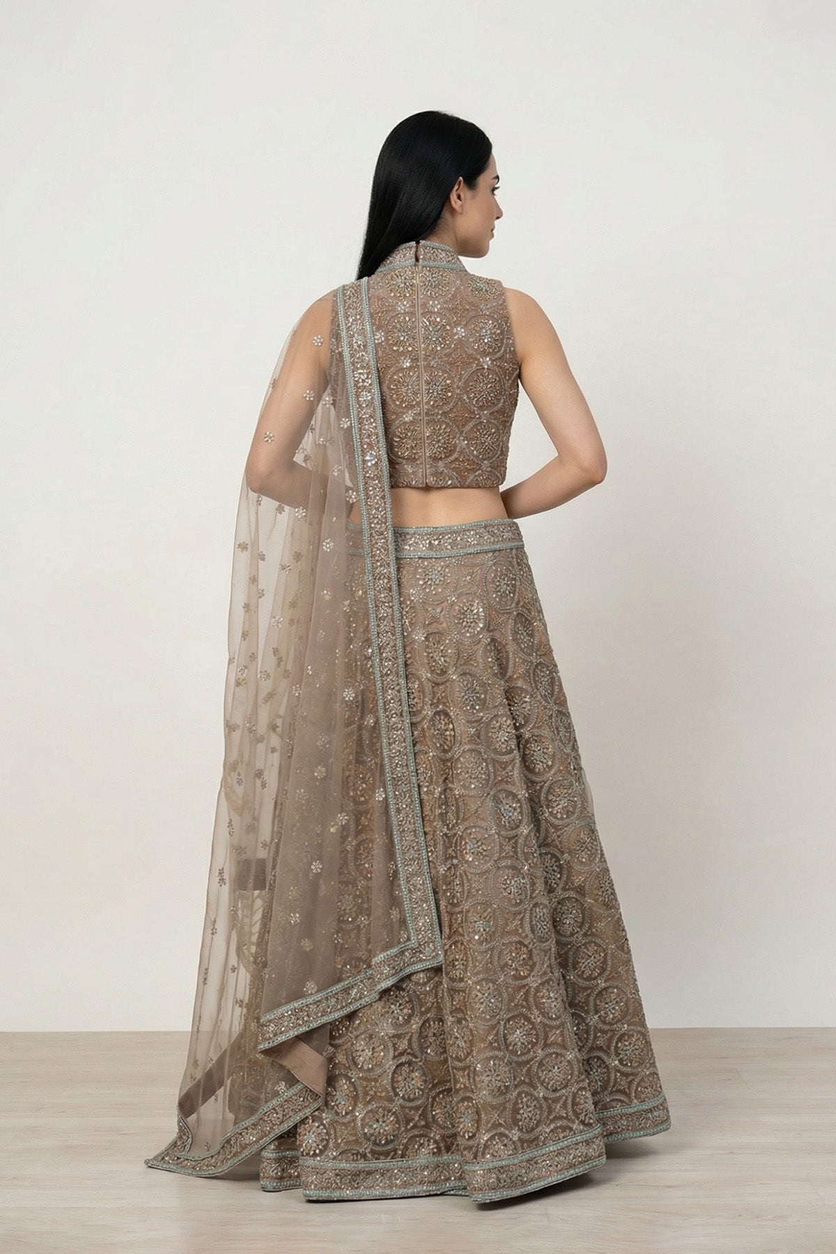 Beige Geo Beads Ghagra Set