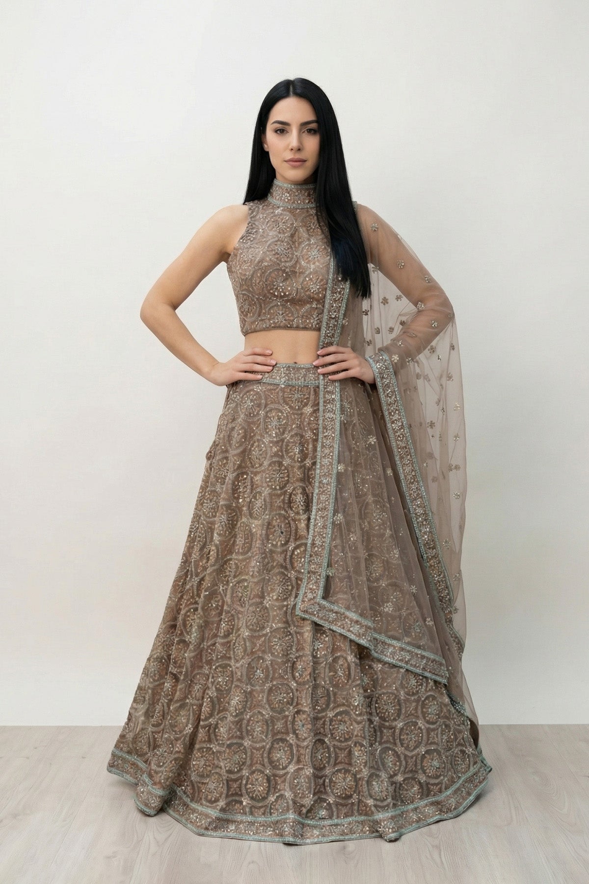Beige Geo Beads Ghagra Set