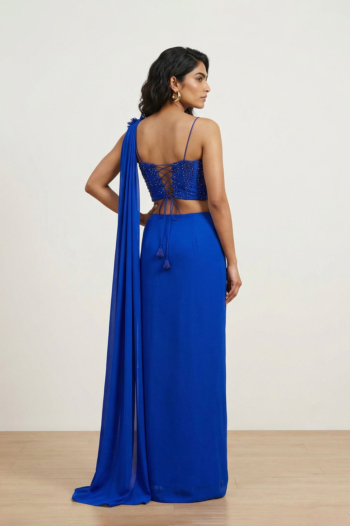 Blue Solid Beaded Stiched Saree