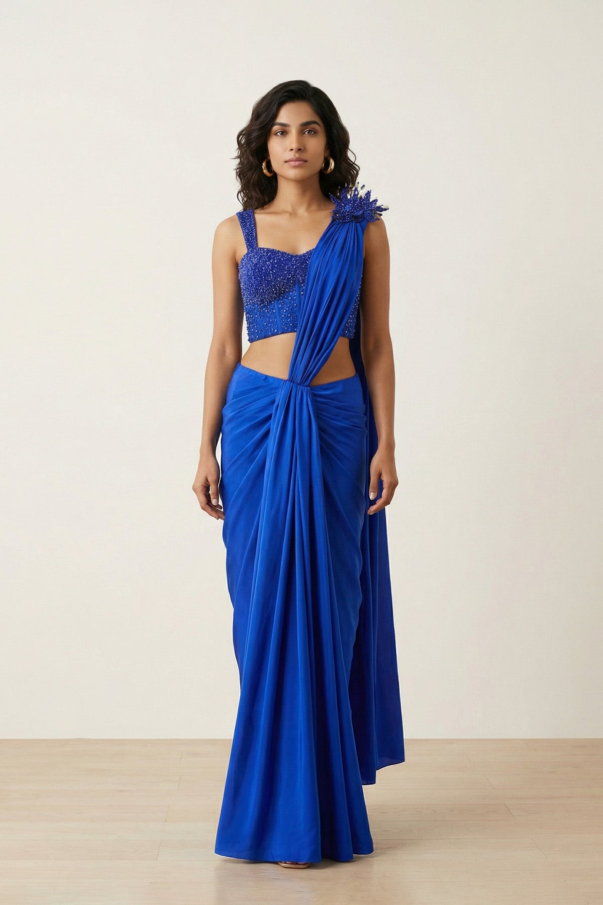 Blue Solid Beaded Stiched Saree