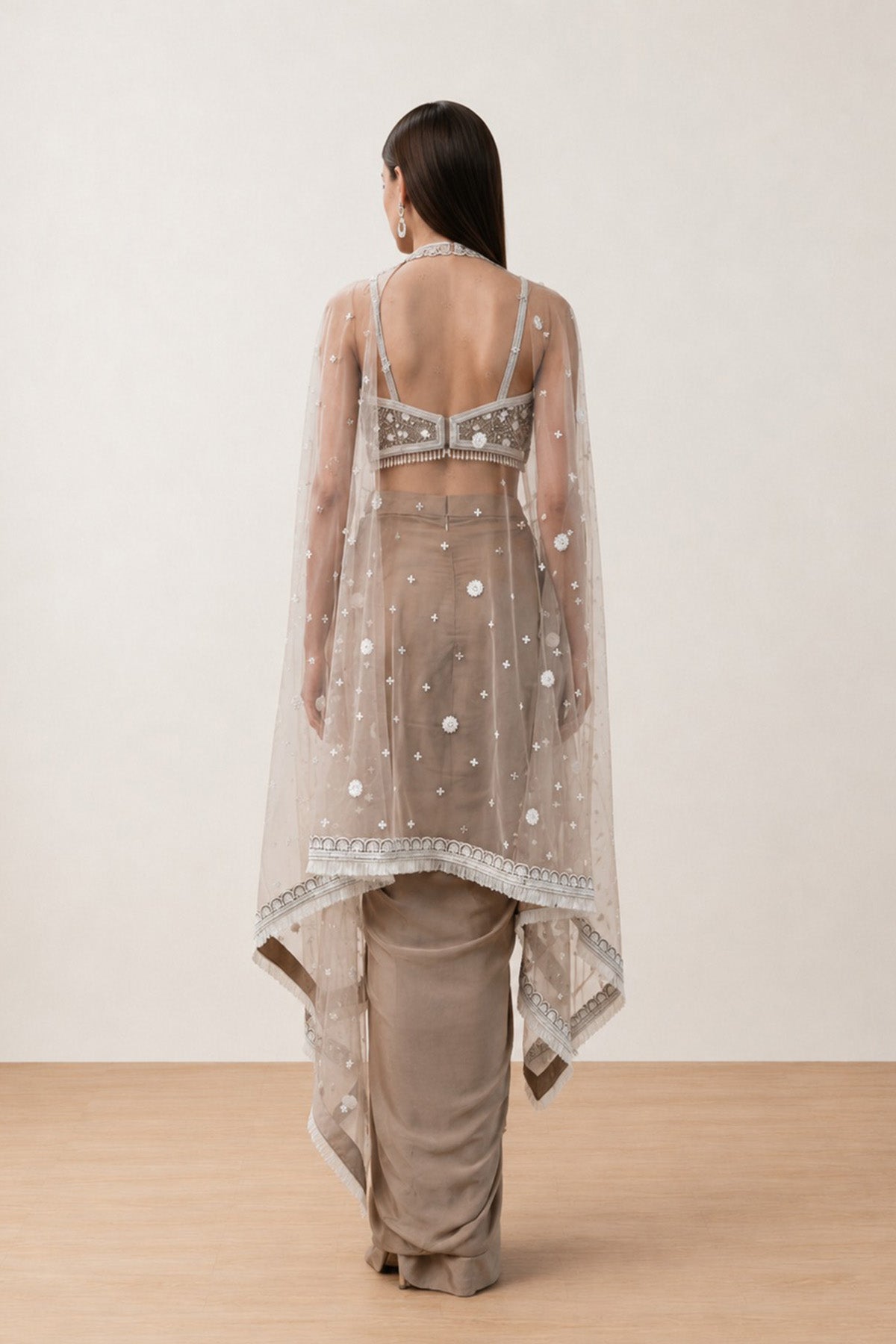 Beige Sequence Draped  Skirt Set