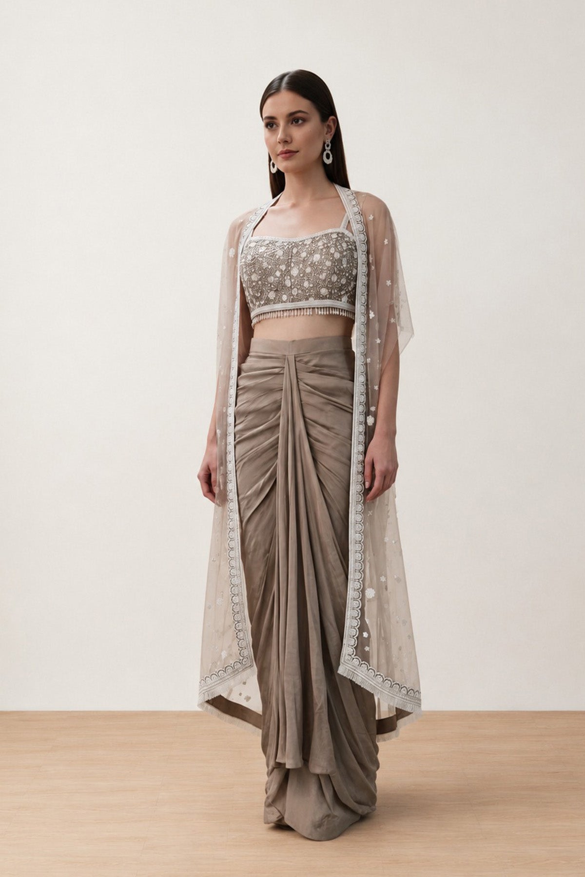 Beige Sequence Draped  Skirt Set