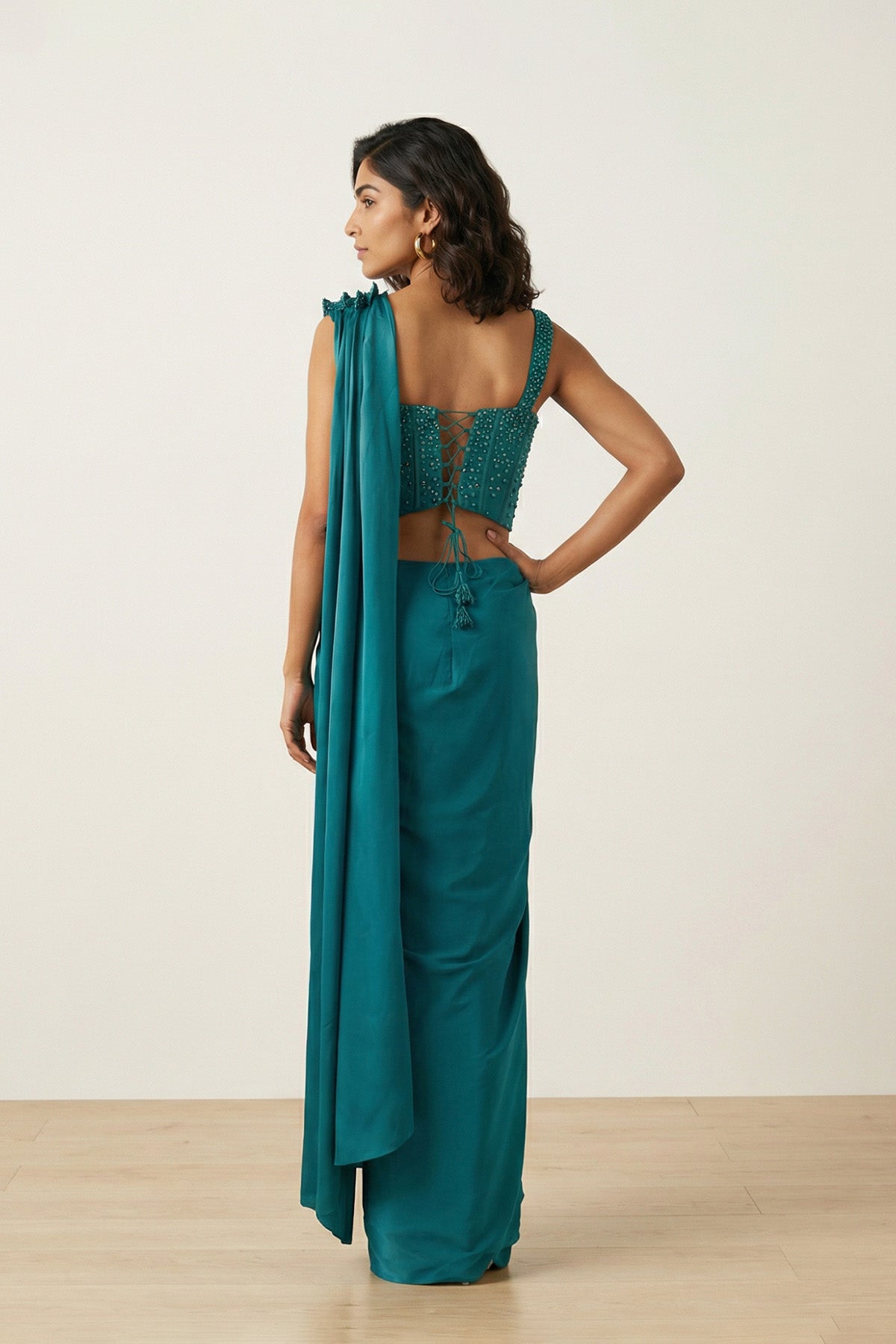 Green Solid Beaded Stiched Saree