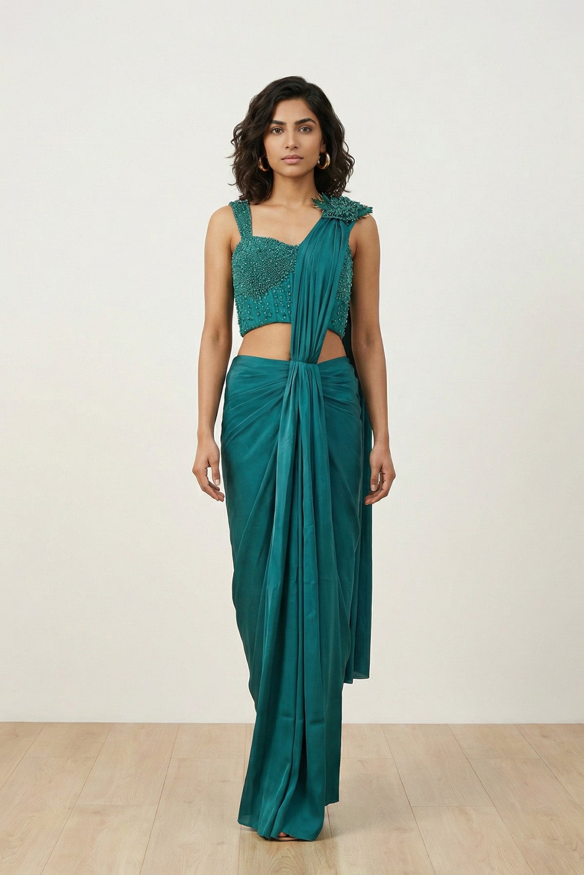 Green Solid Beaded Stiched Saree