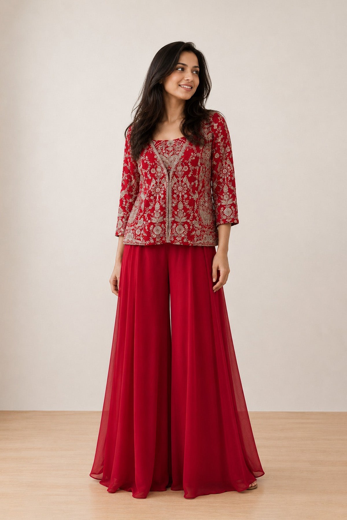 Red Des Jacket Plazo Co-ord Set