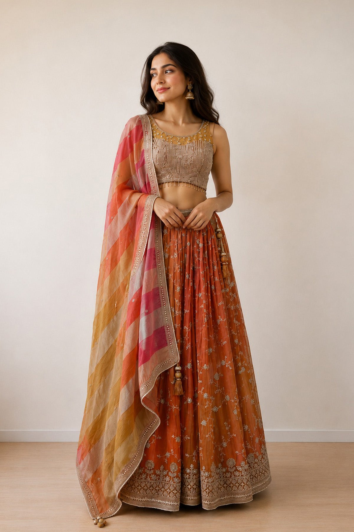 Rust & Green Flower Ghagra Set