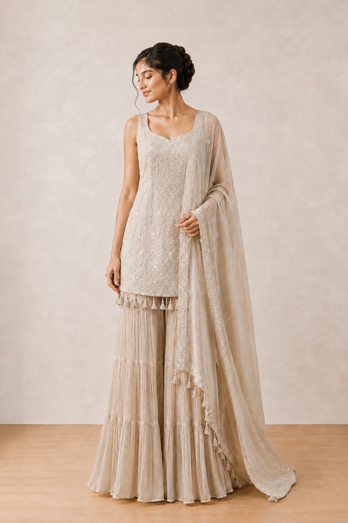 Beige Charmi  Kurti Gharara Set