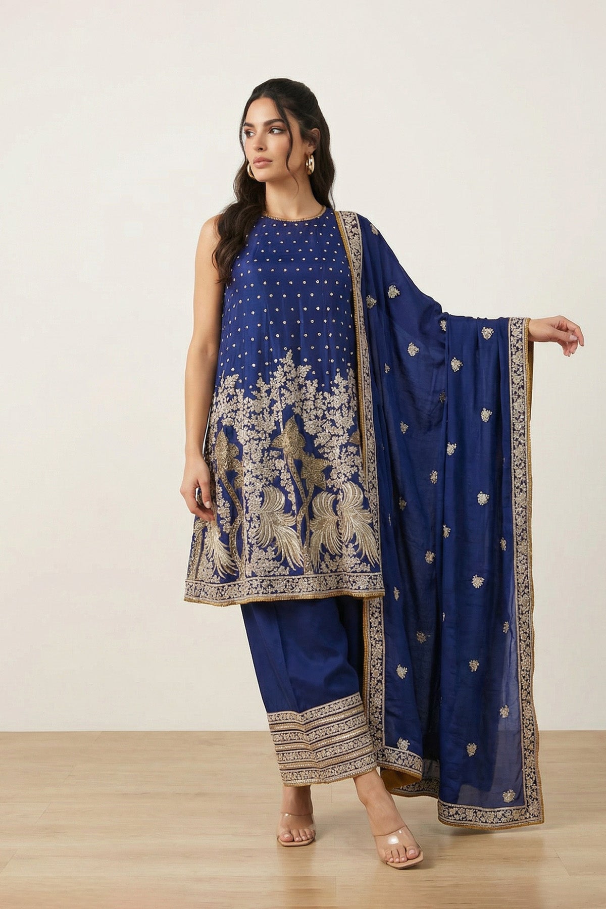 Navy Blue Tree Kurti Plaazo Set