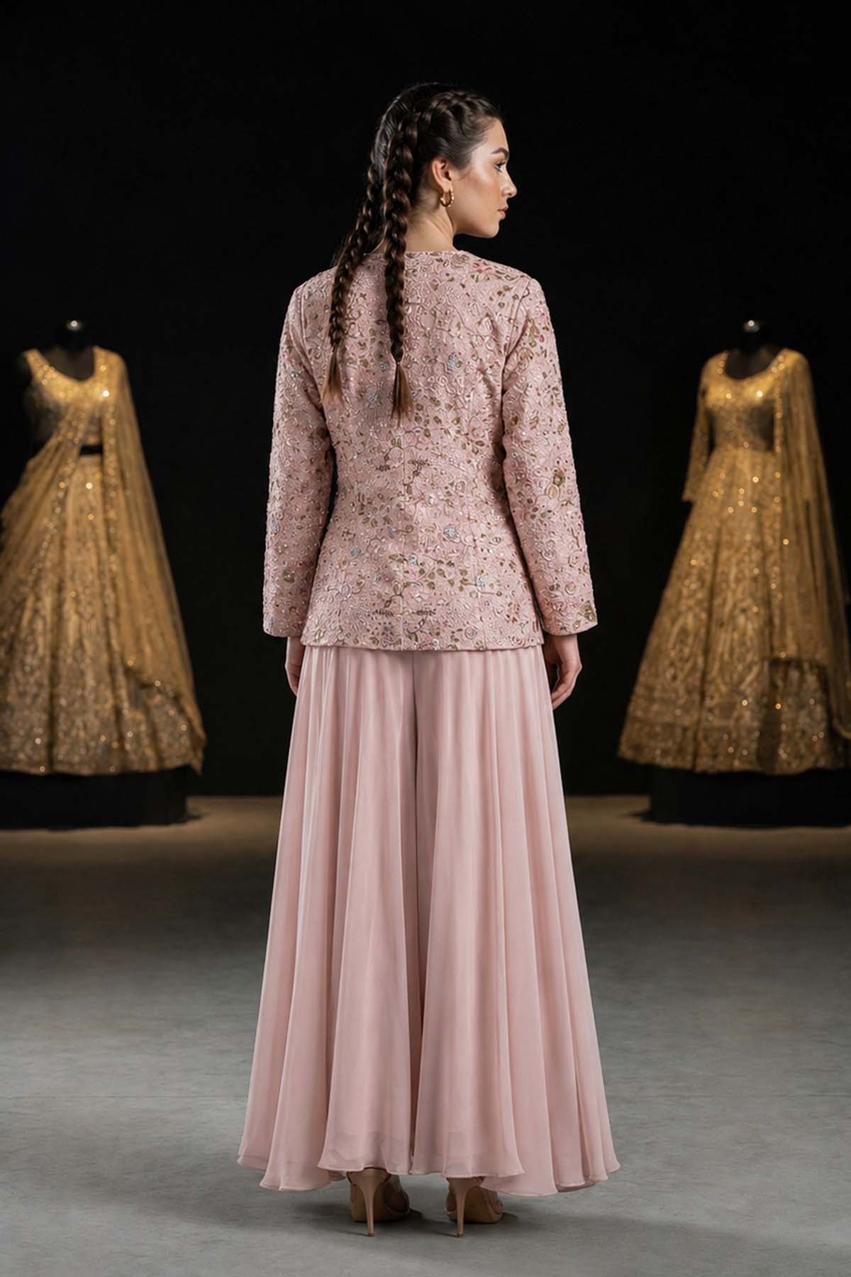 Pink Yoke Emb Jacket Plazo Co-ord Set
