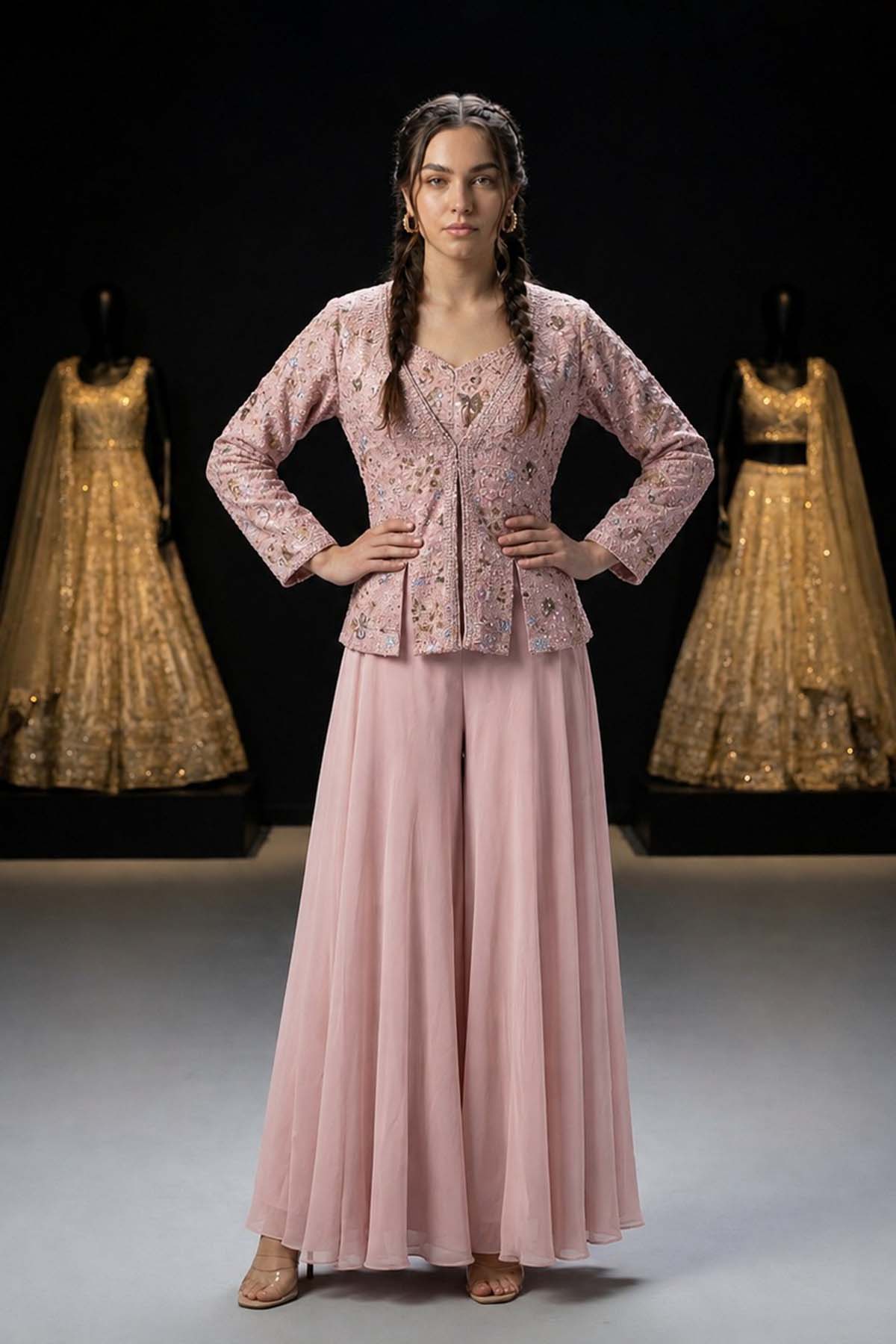 Pink Yoke Emb Jacket Plazo Co-ord Set