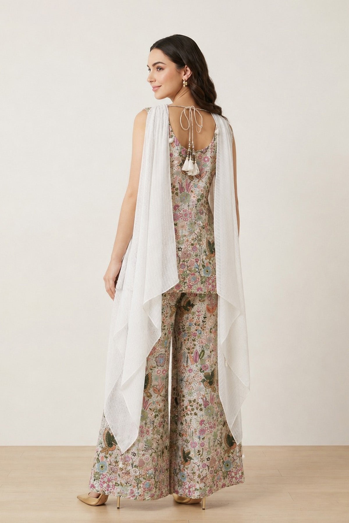 Cream Bird Short Kurti Set