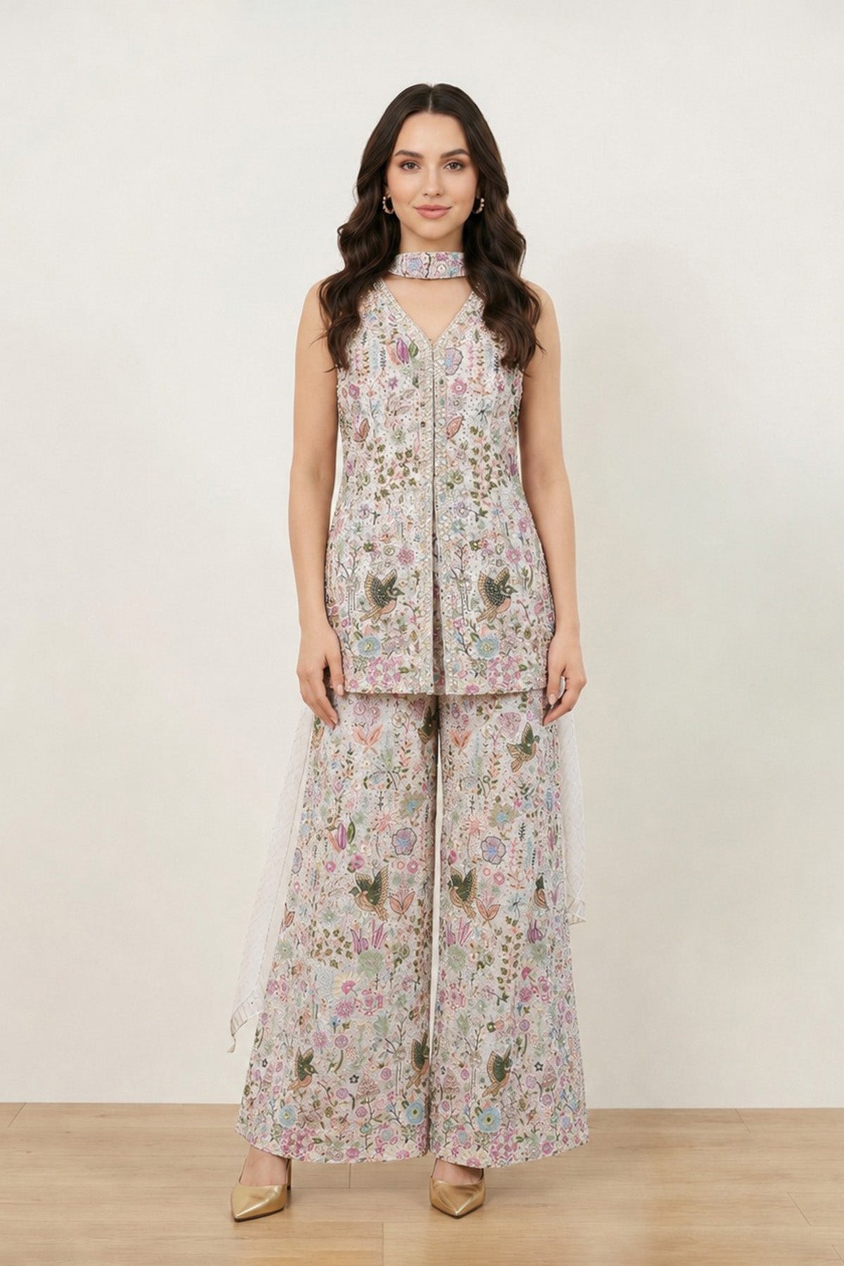 Cream Bird Short Kurti Set