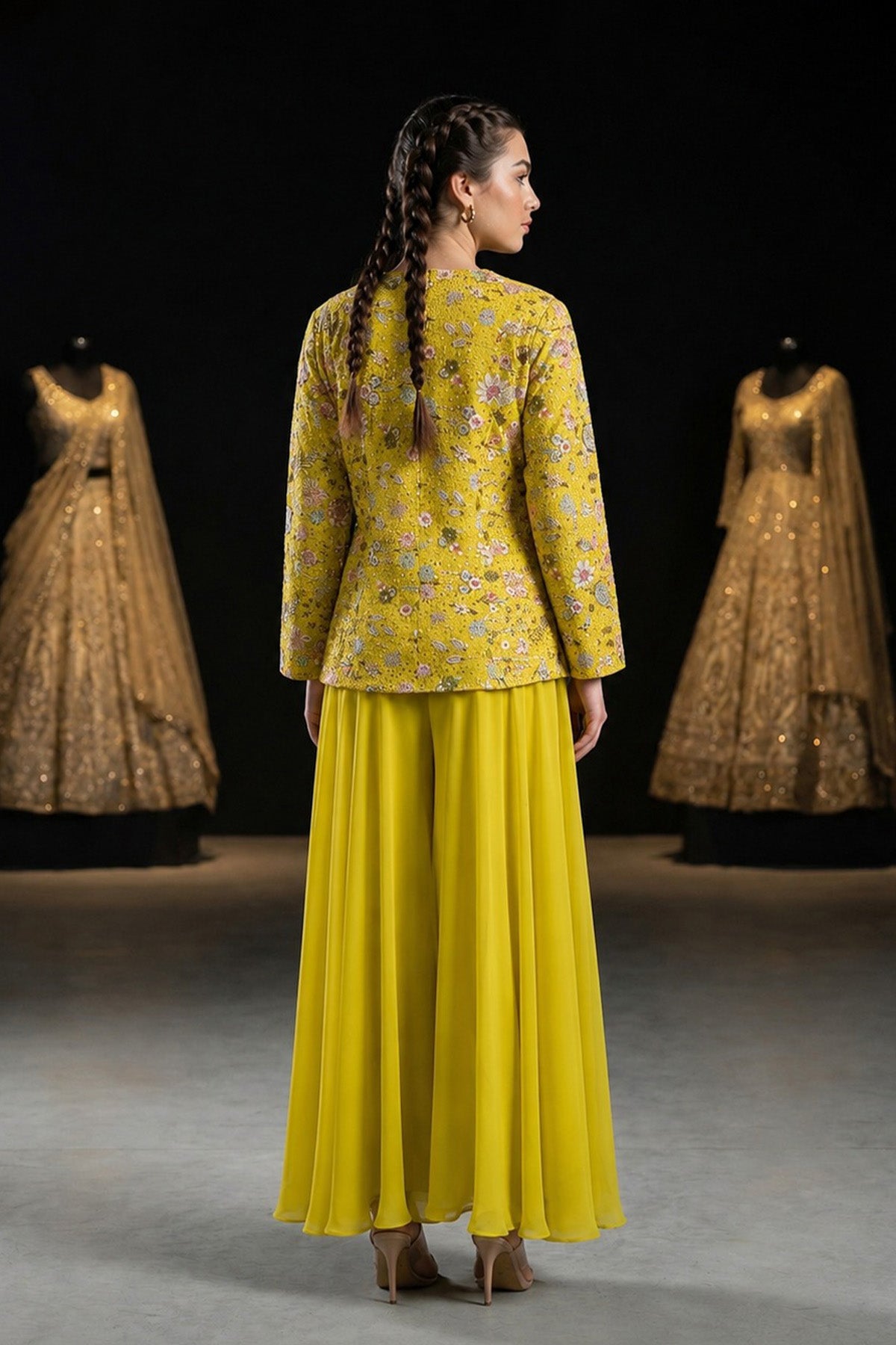Yellow Yoke Emb Jacket Plazo Co-ord Set