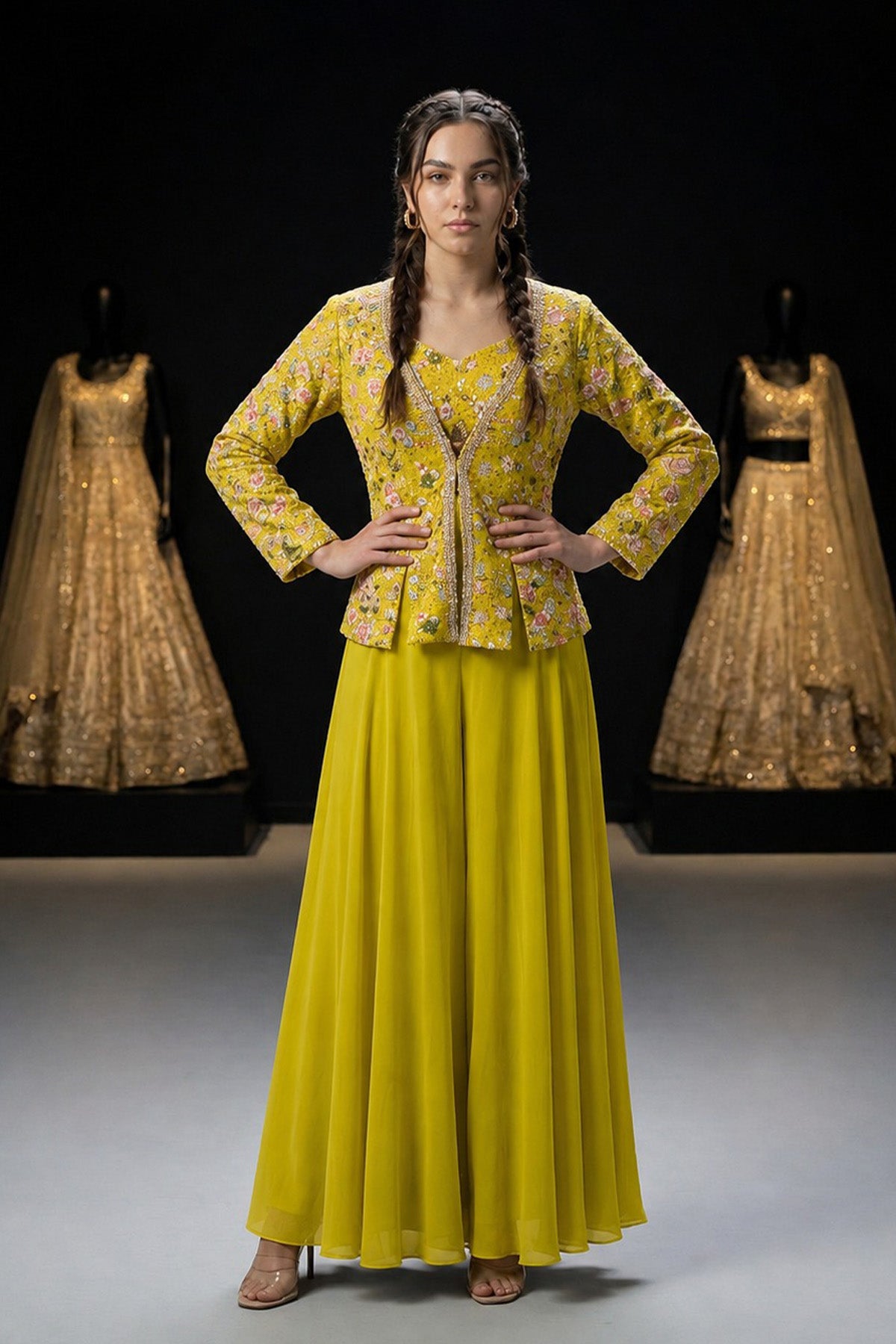 Yellow Yoke Emb Jacket Plazo Co-ord Set