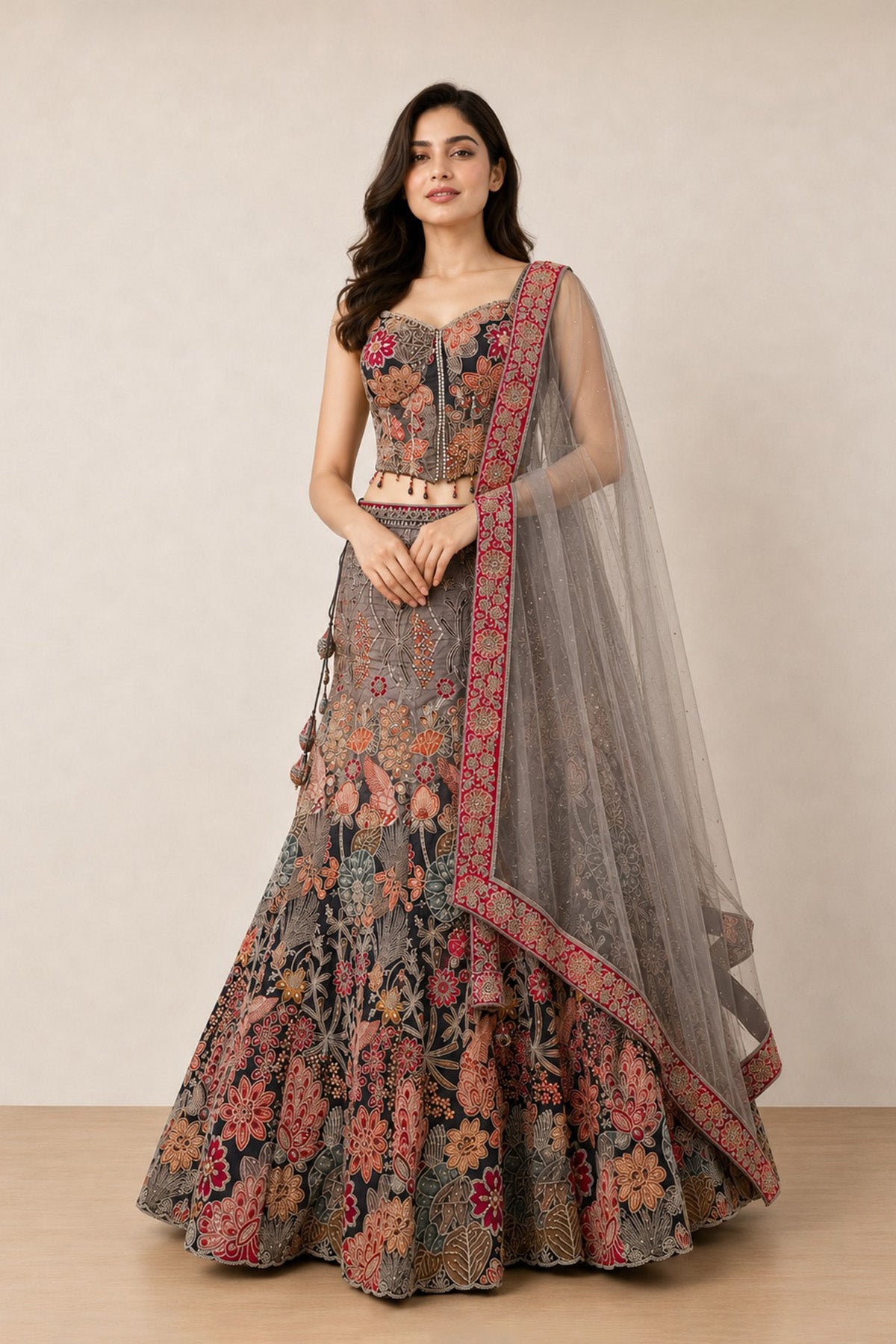 Grey Floral Ghagra Set
