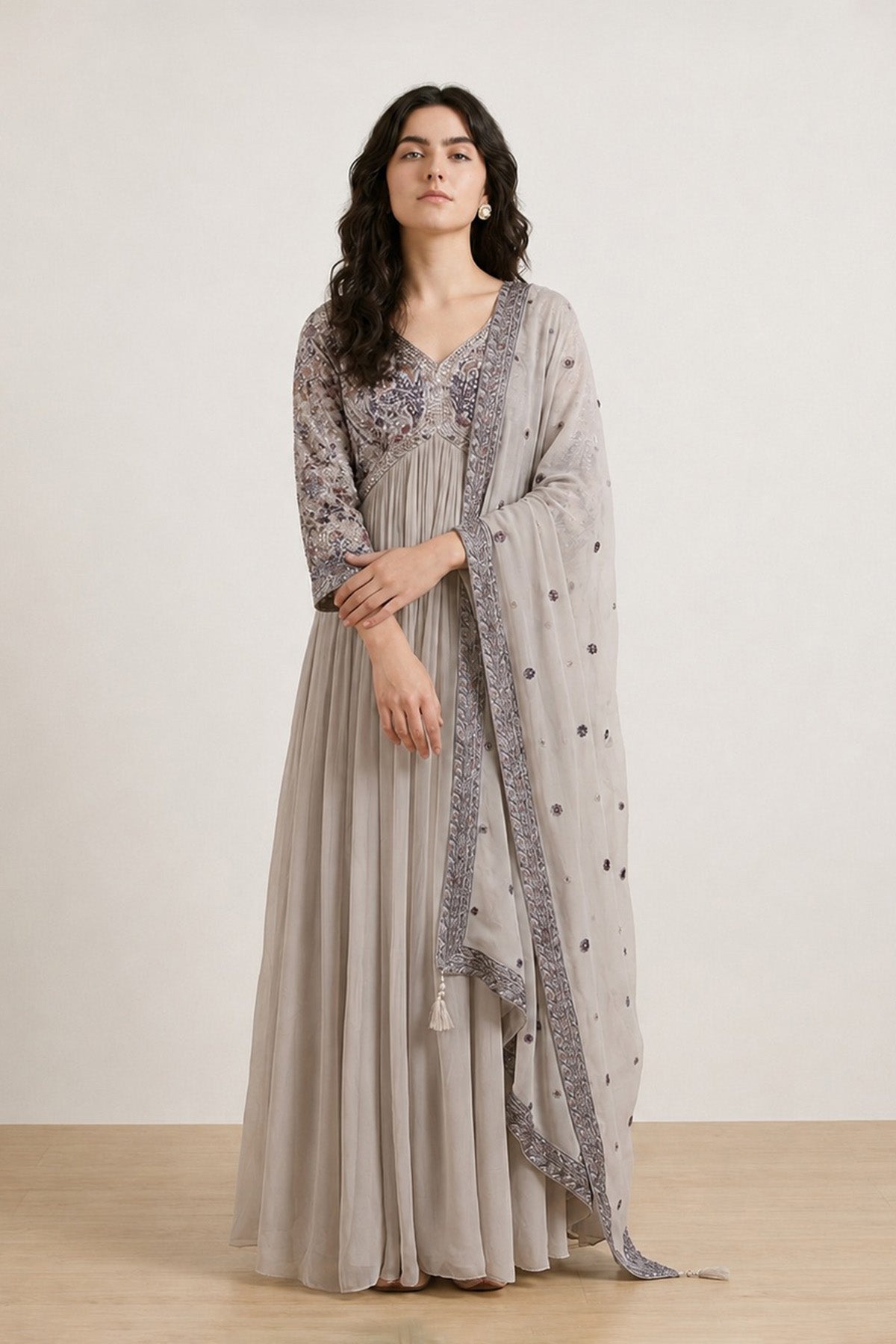 Ash Yoke Emb Anarkali Set