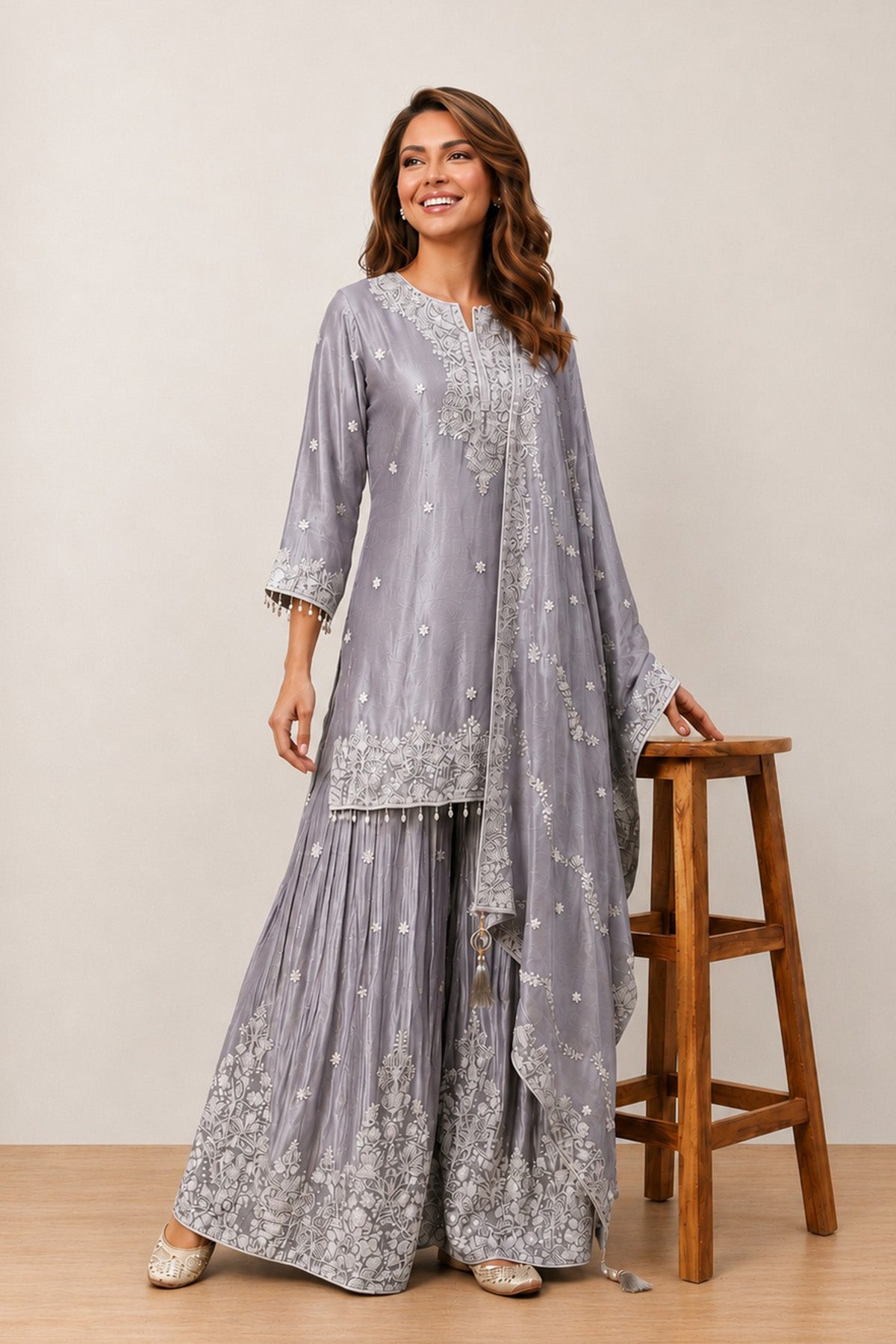 Grey Sheen Kurti Plaazo set