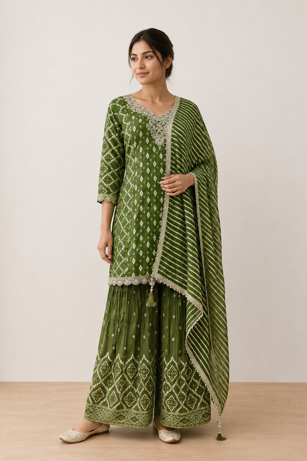 Green Sheen Kurti Plaazo Set