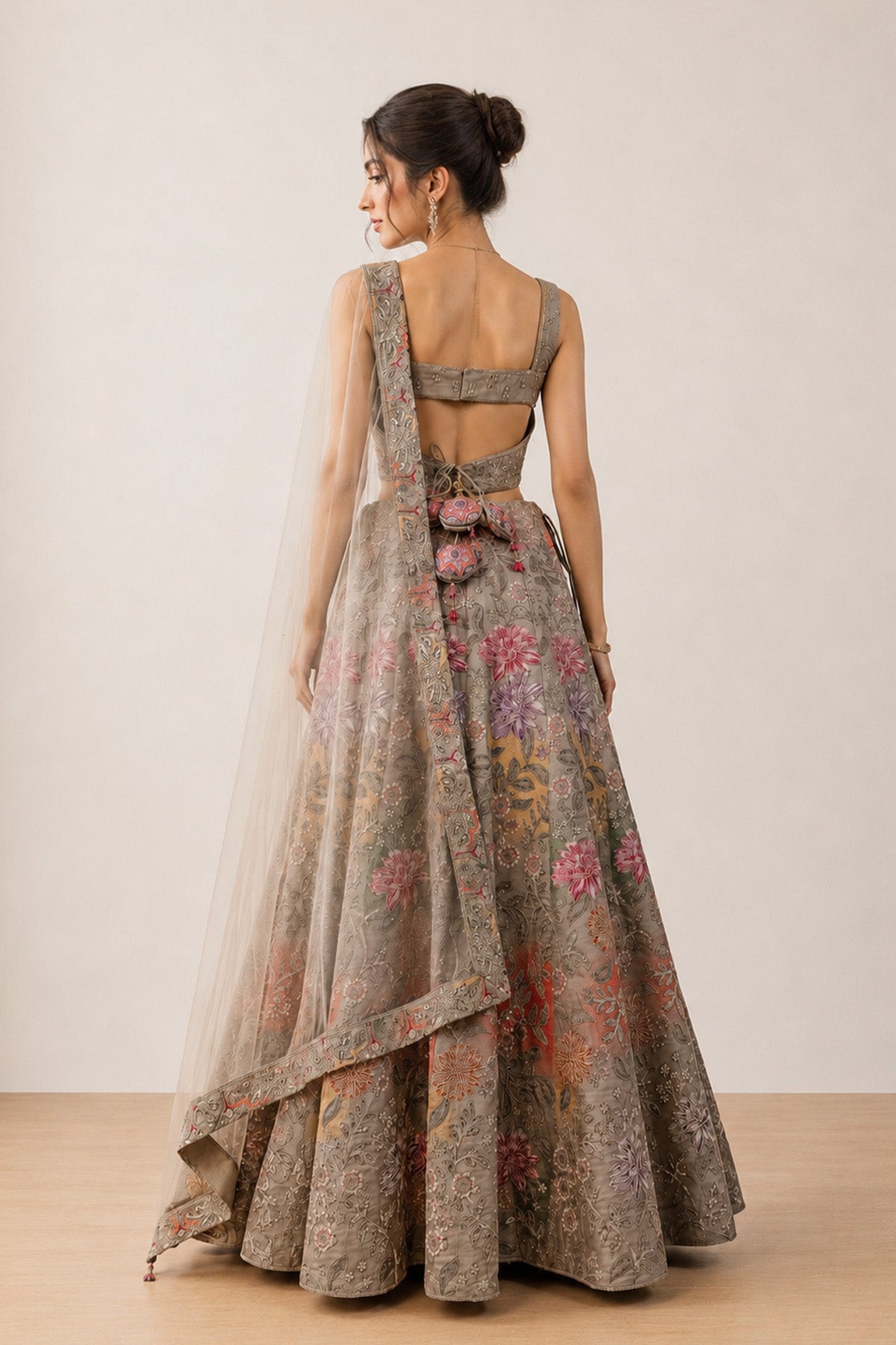 Grey Floral Emb Ghagra Set