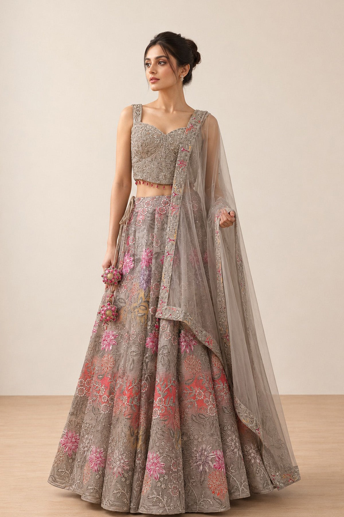 Grey Floral Emb Ghagra Set