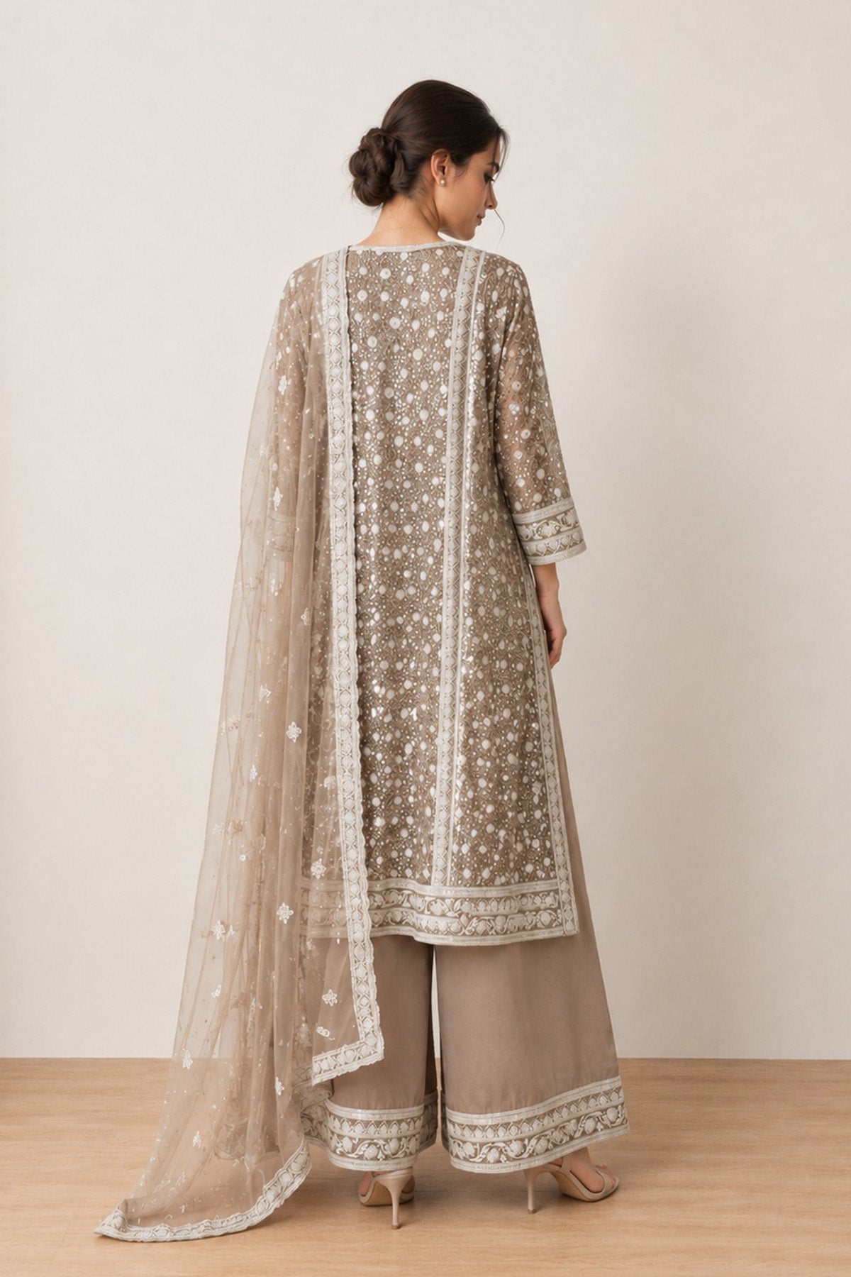 Beige Sequence Kali Kurta Set