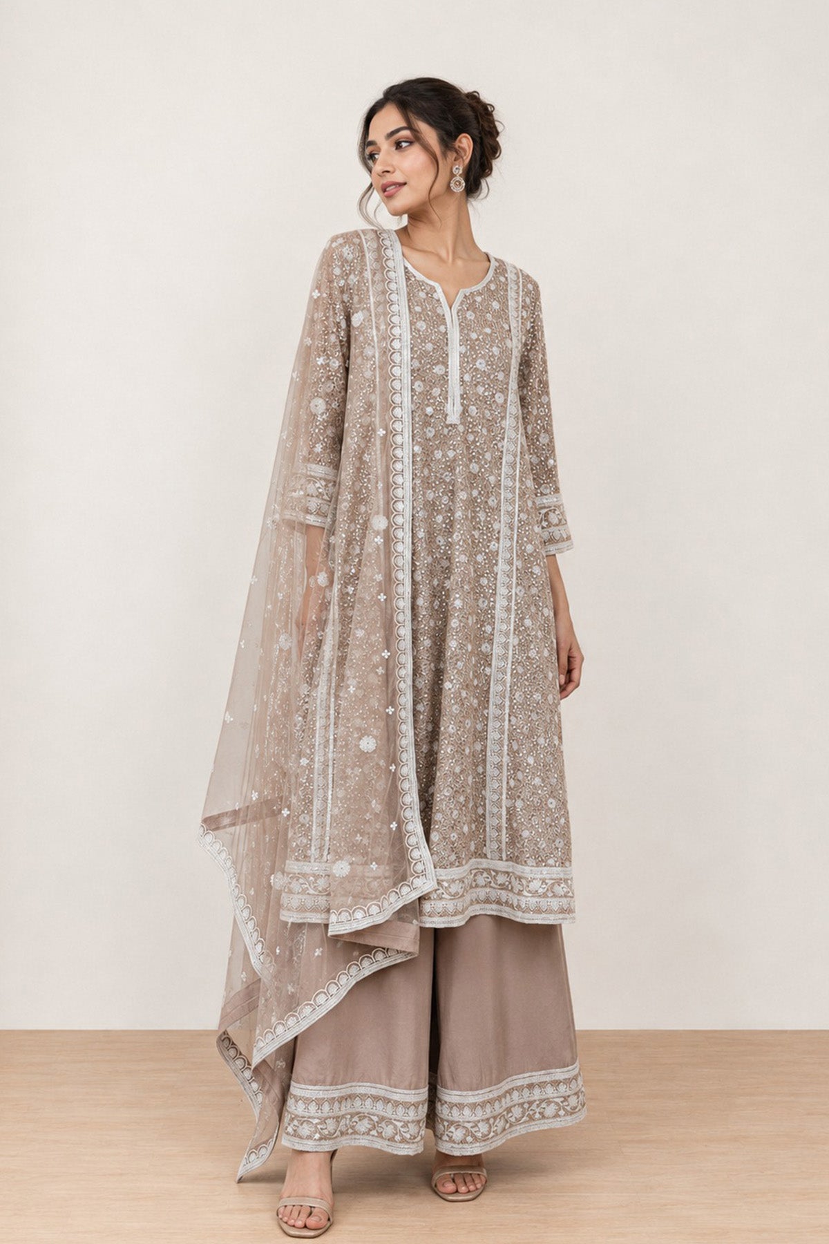 Beige Sequence Kali Kurta Set