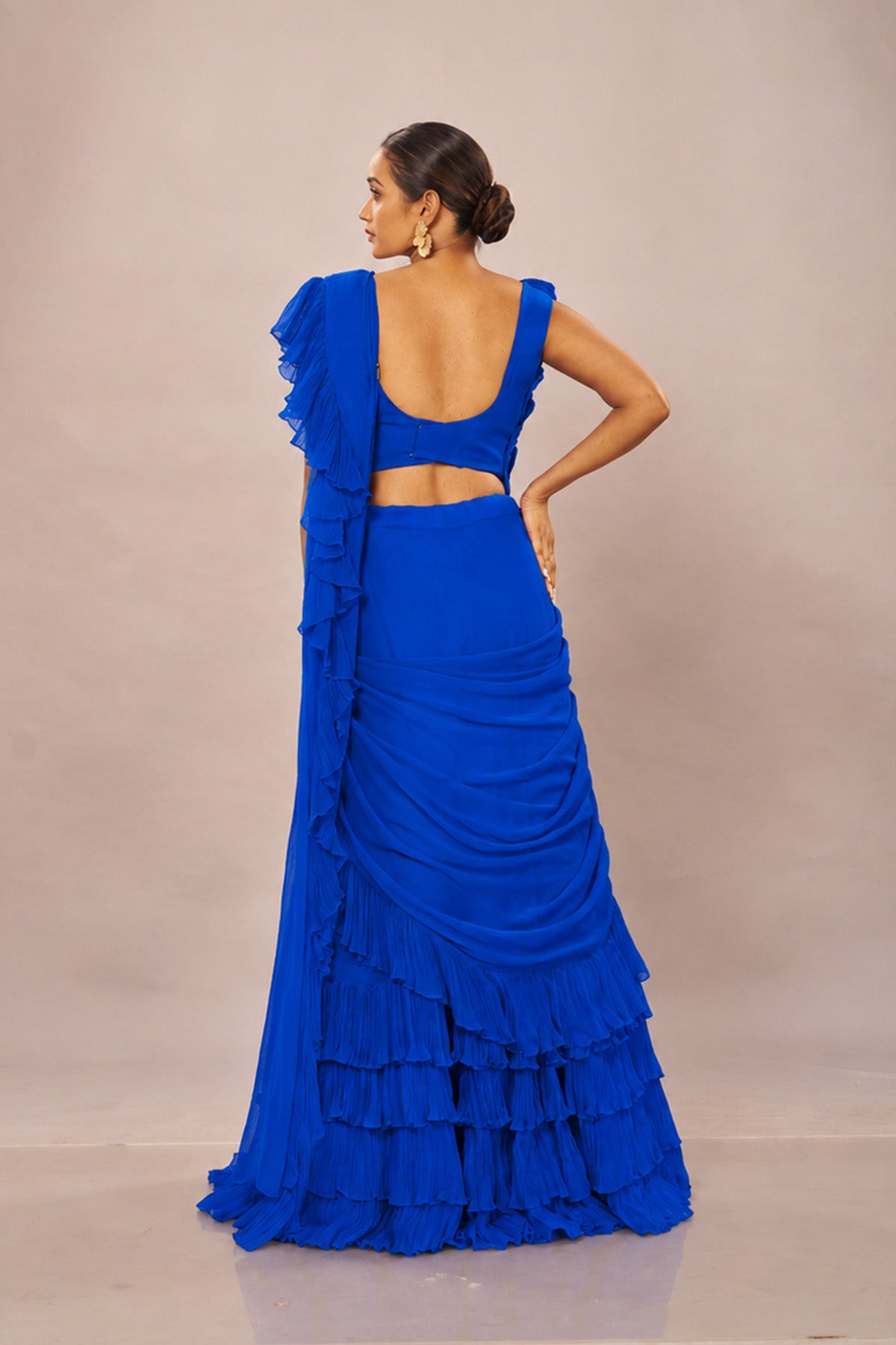 Blue Rouching Drape Stiched Saree