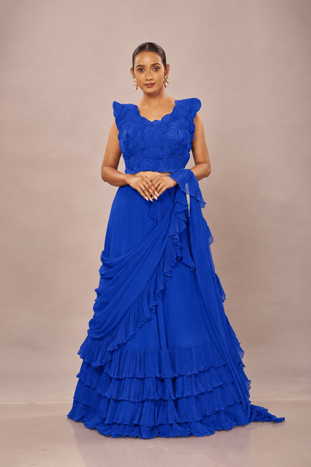 Blue Rouching Drape Stiched Saree