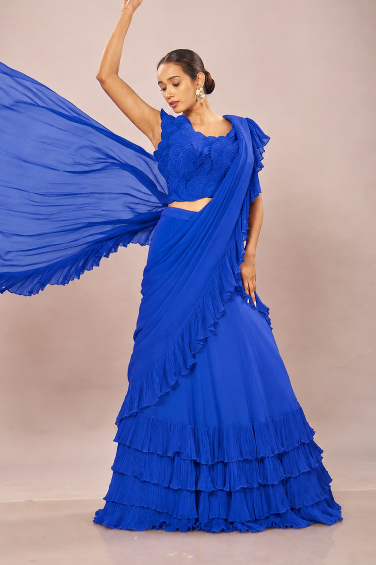 Blue Rouching Drape Stiched Saree