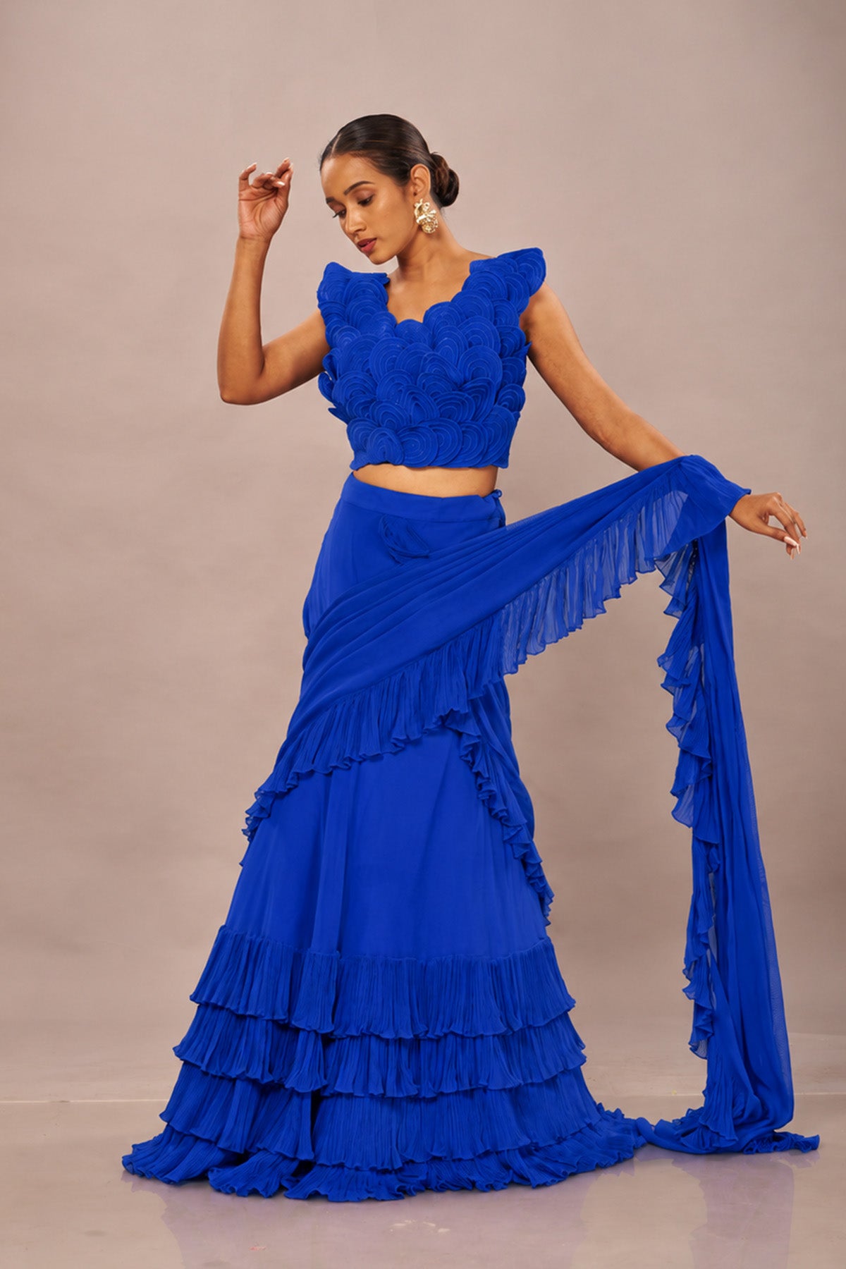 Blue Rouching Drape Stiched Saree