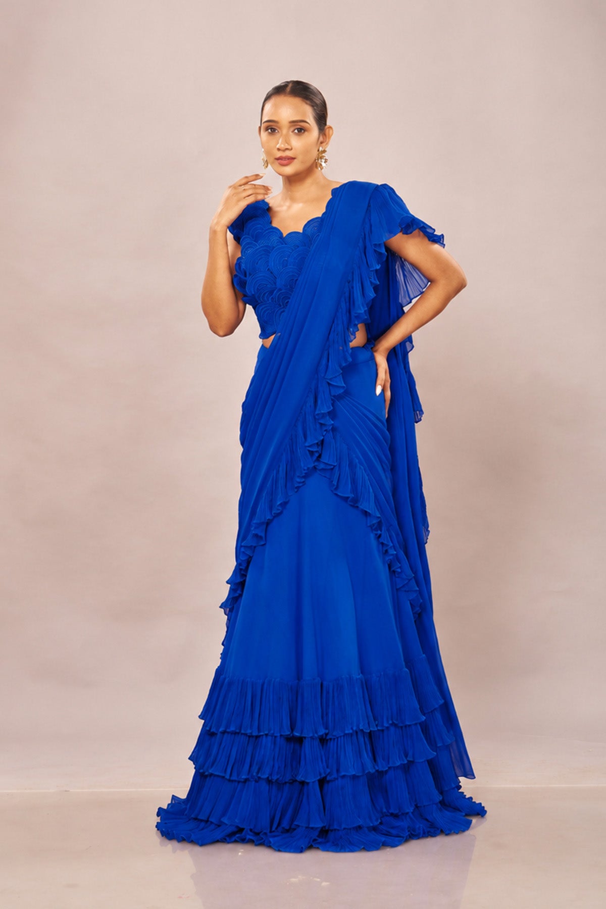 Blue Rouching Drape Stiched Saree