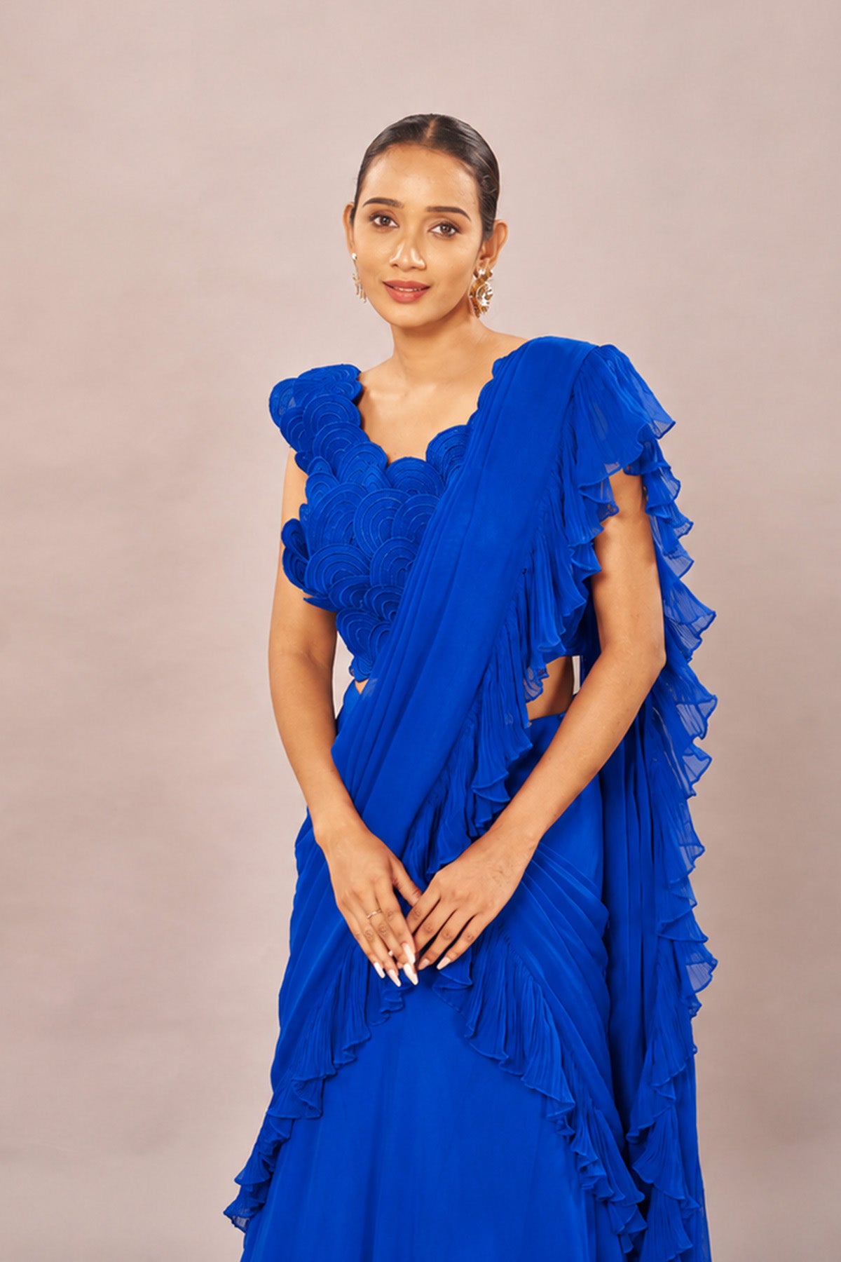 Blue Rouching Drape Stiched Saree