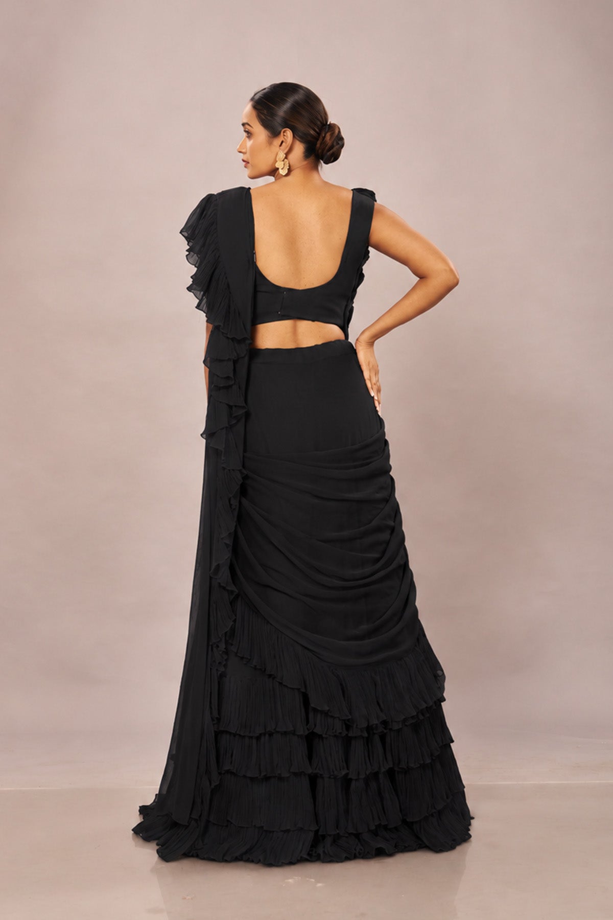Black Rouching Drape Stiched Saree