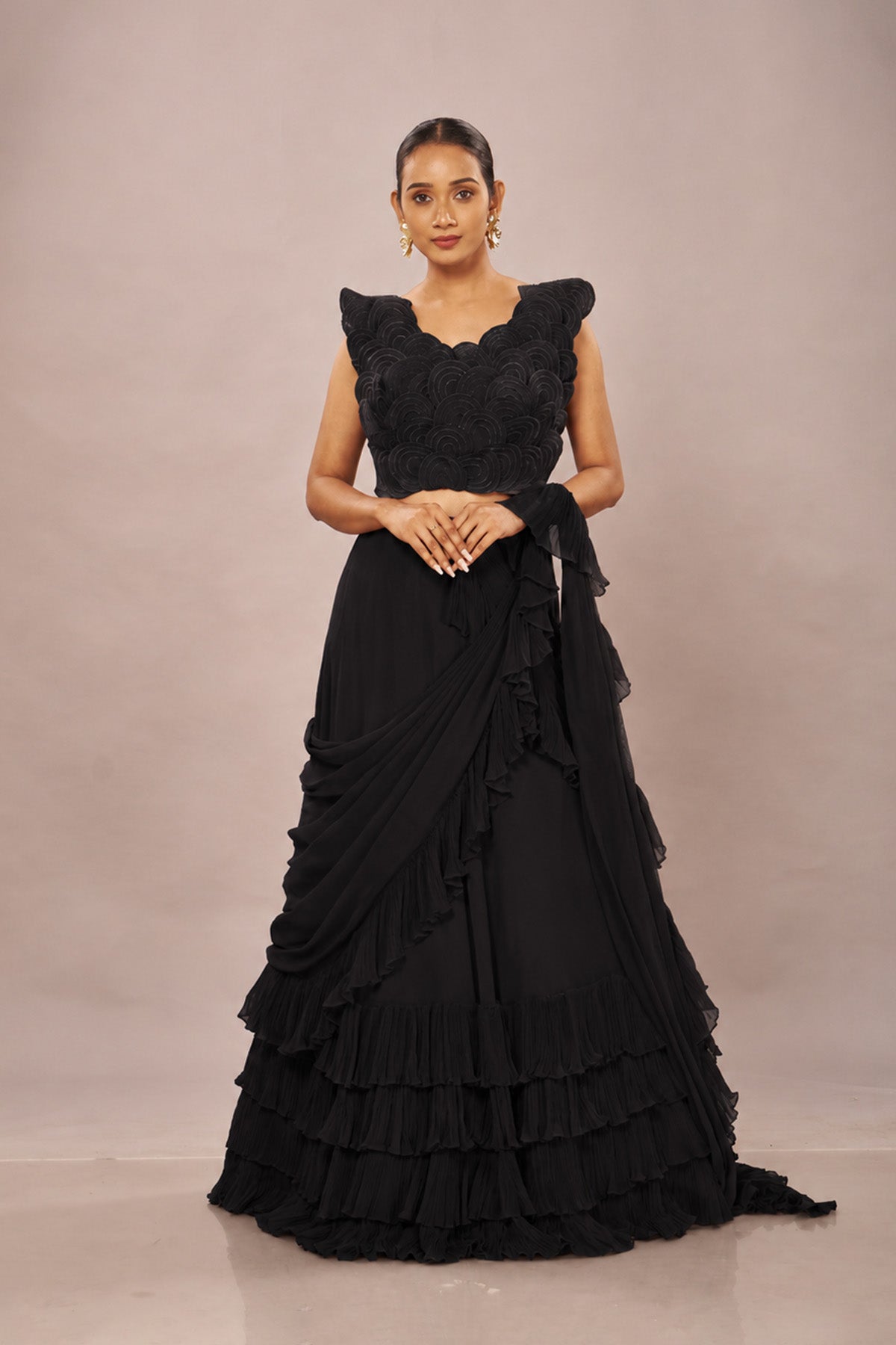 Black Rouching Drape Stiched Saree