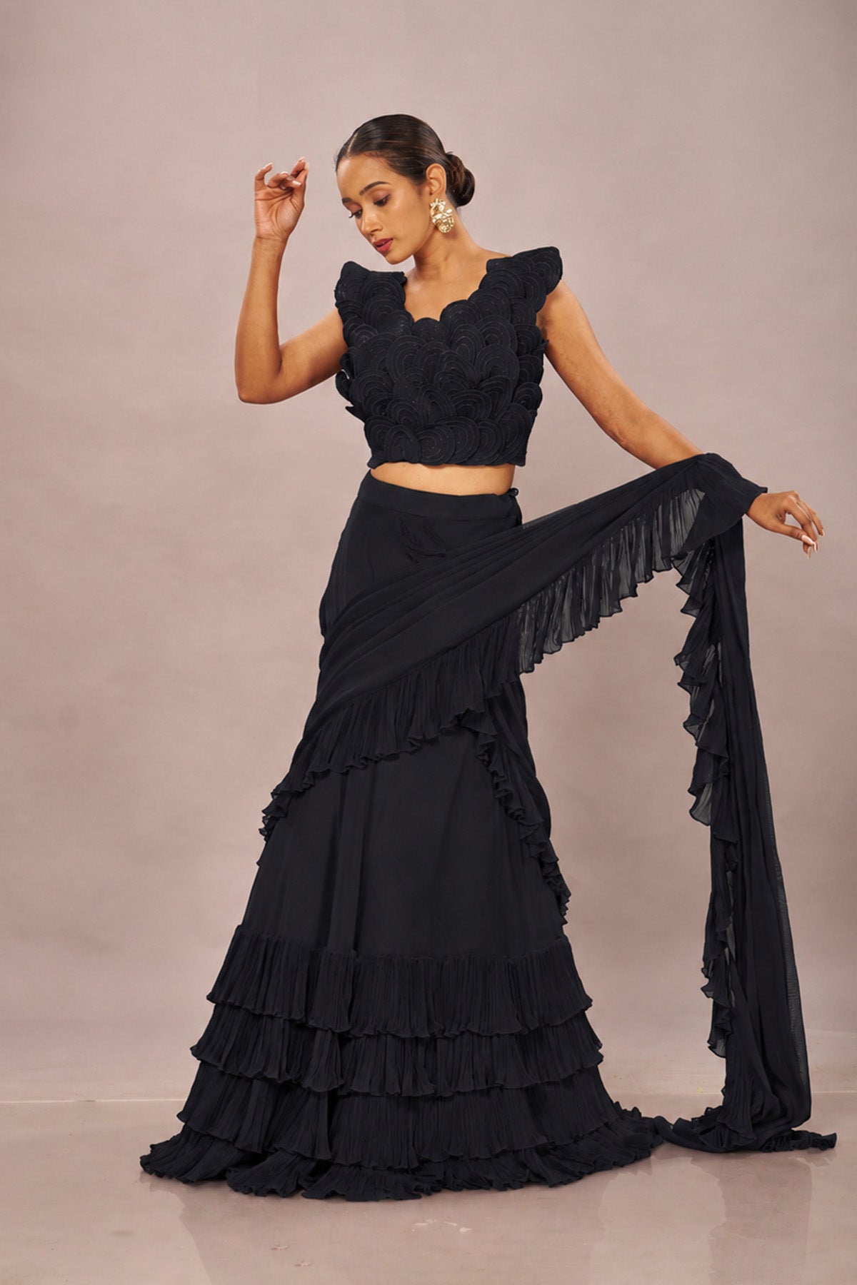 Black Rouching Drape Stiched Saree