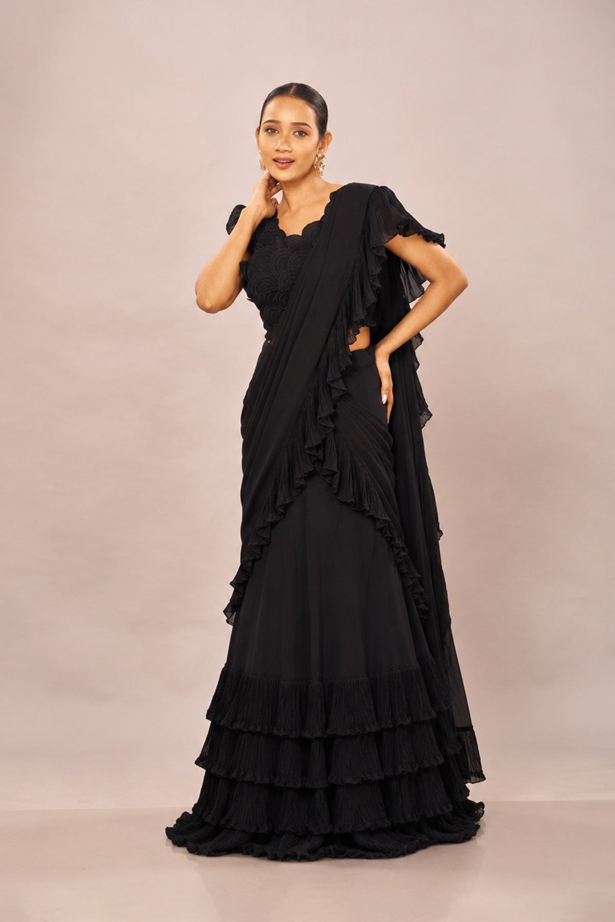 Black Rouching Drape Stiched Saree
