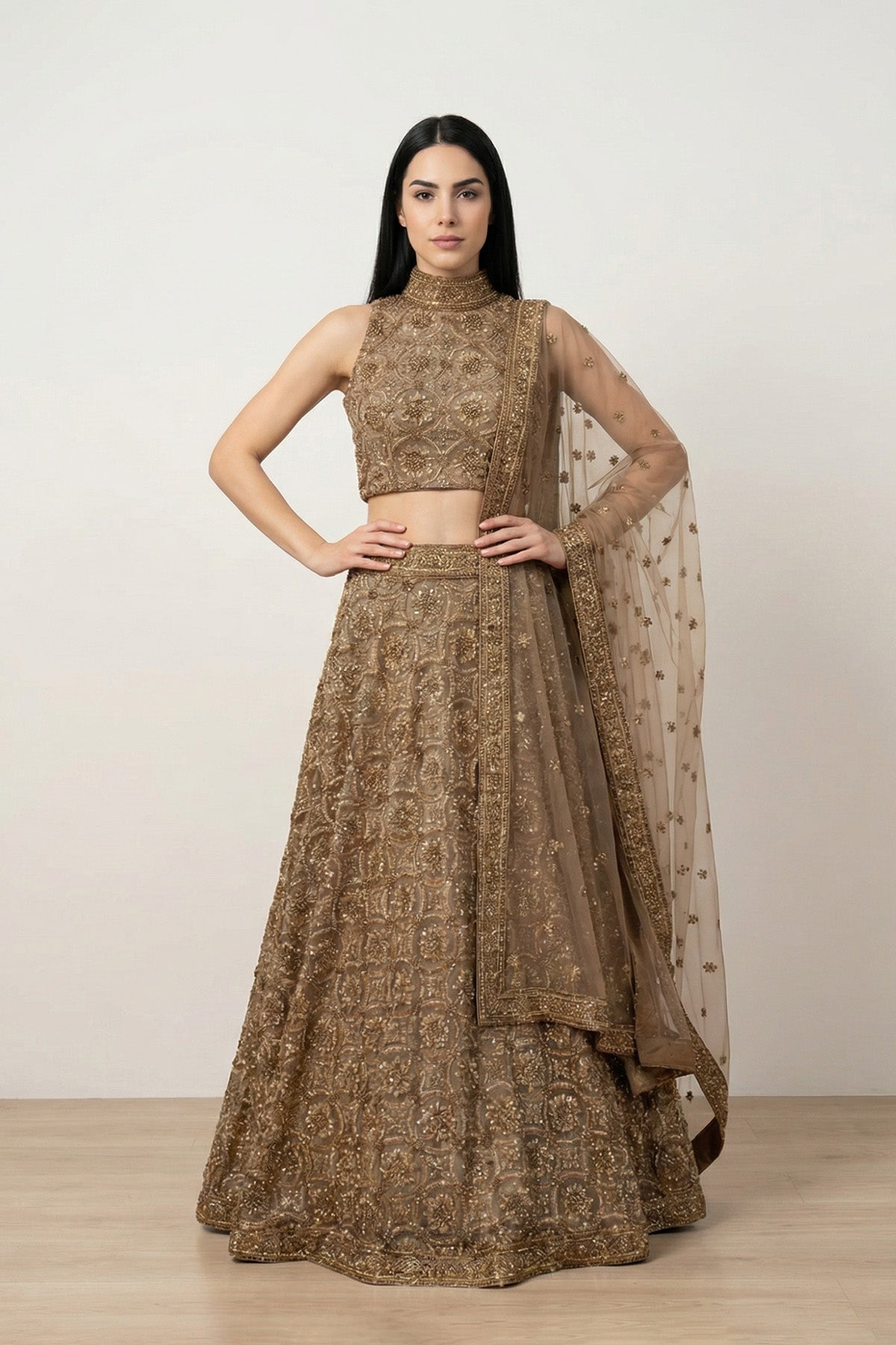 Brown Geo Beads Ghagra Set