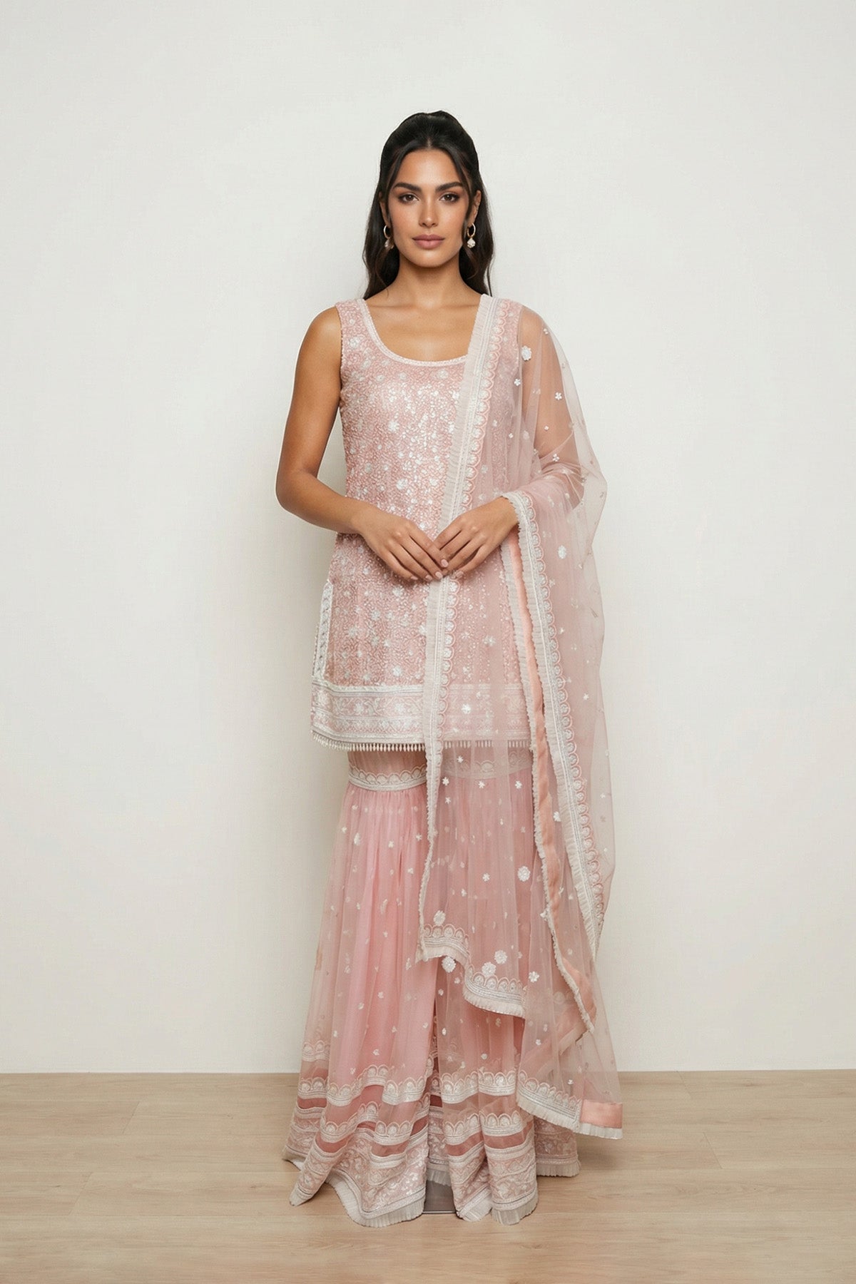 Pink Sequence Kurti Gharara Set