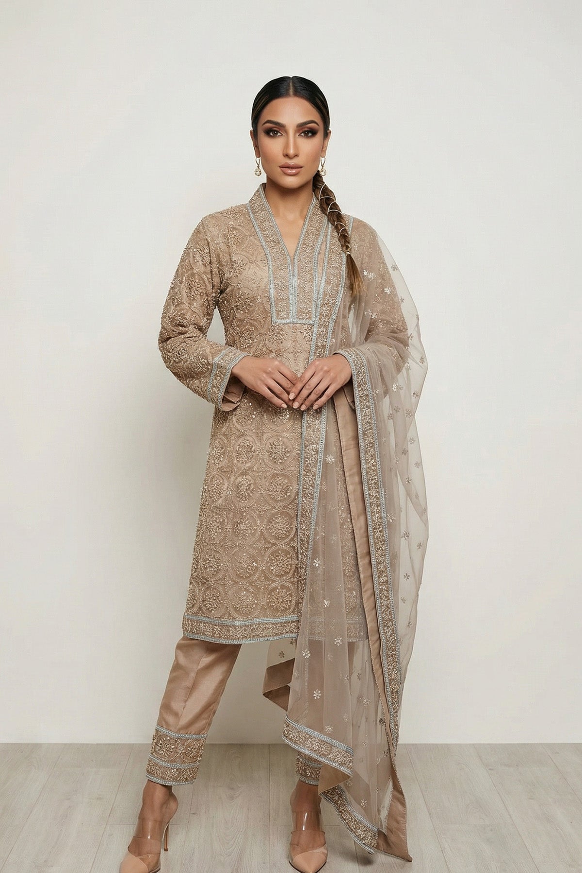 Beige Geo Beads Kurta Set