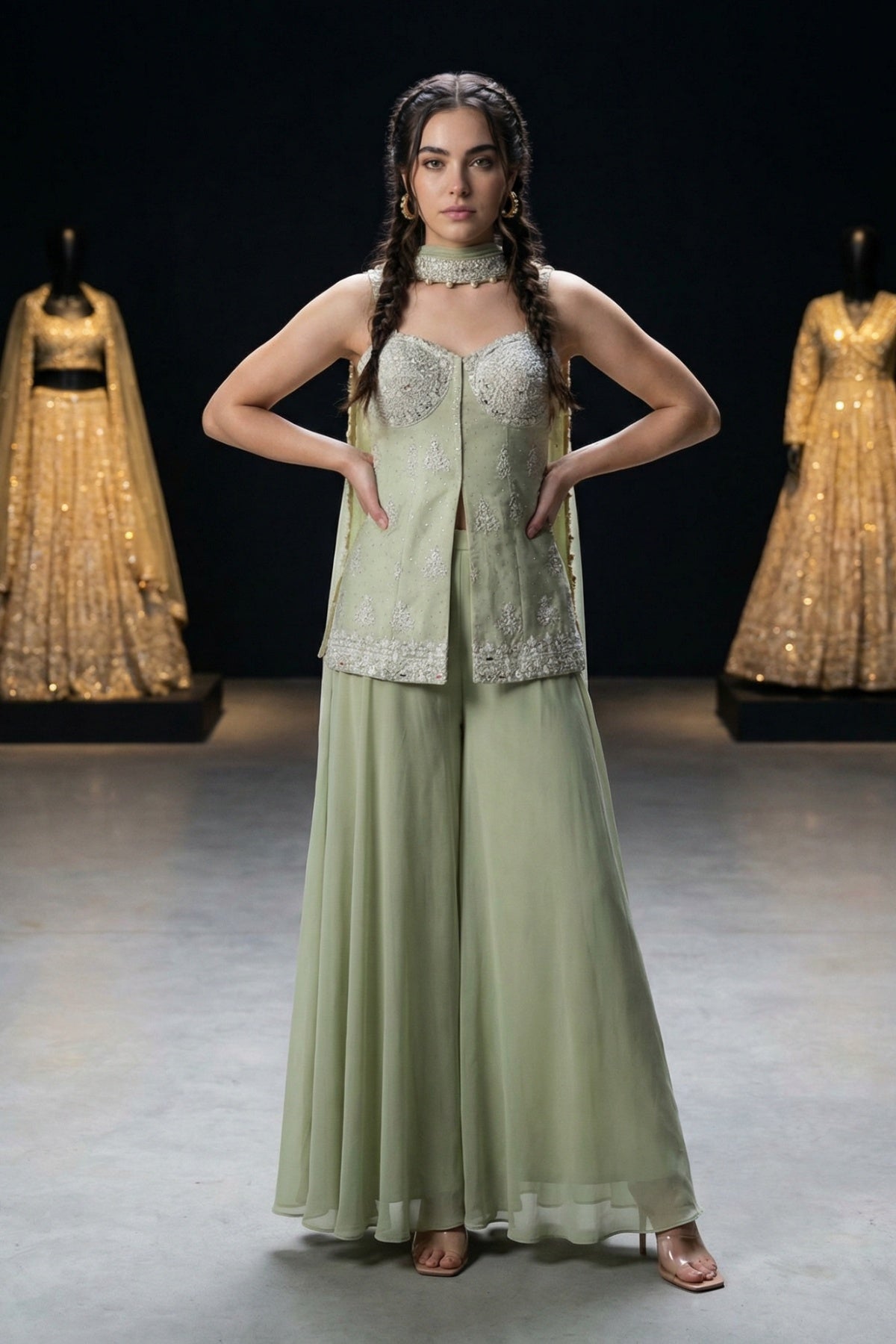 Green Yoke Emb Kurti Plaazo Set