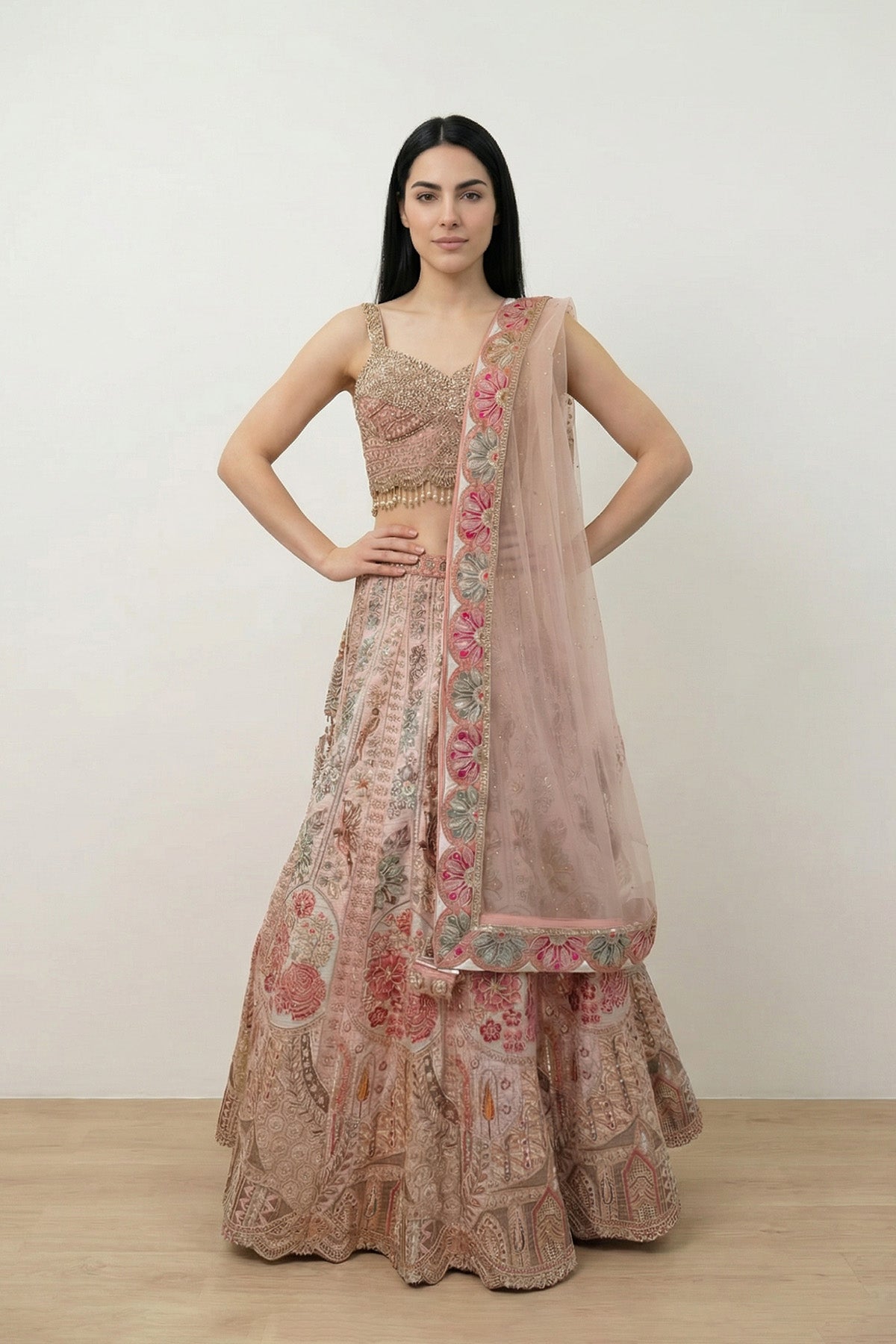 Pink Floral Emb Ghagra Set