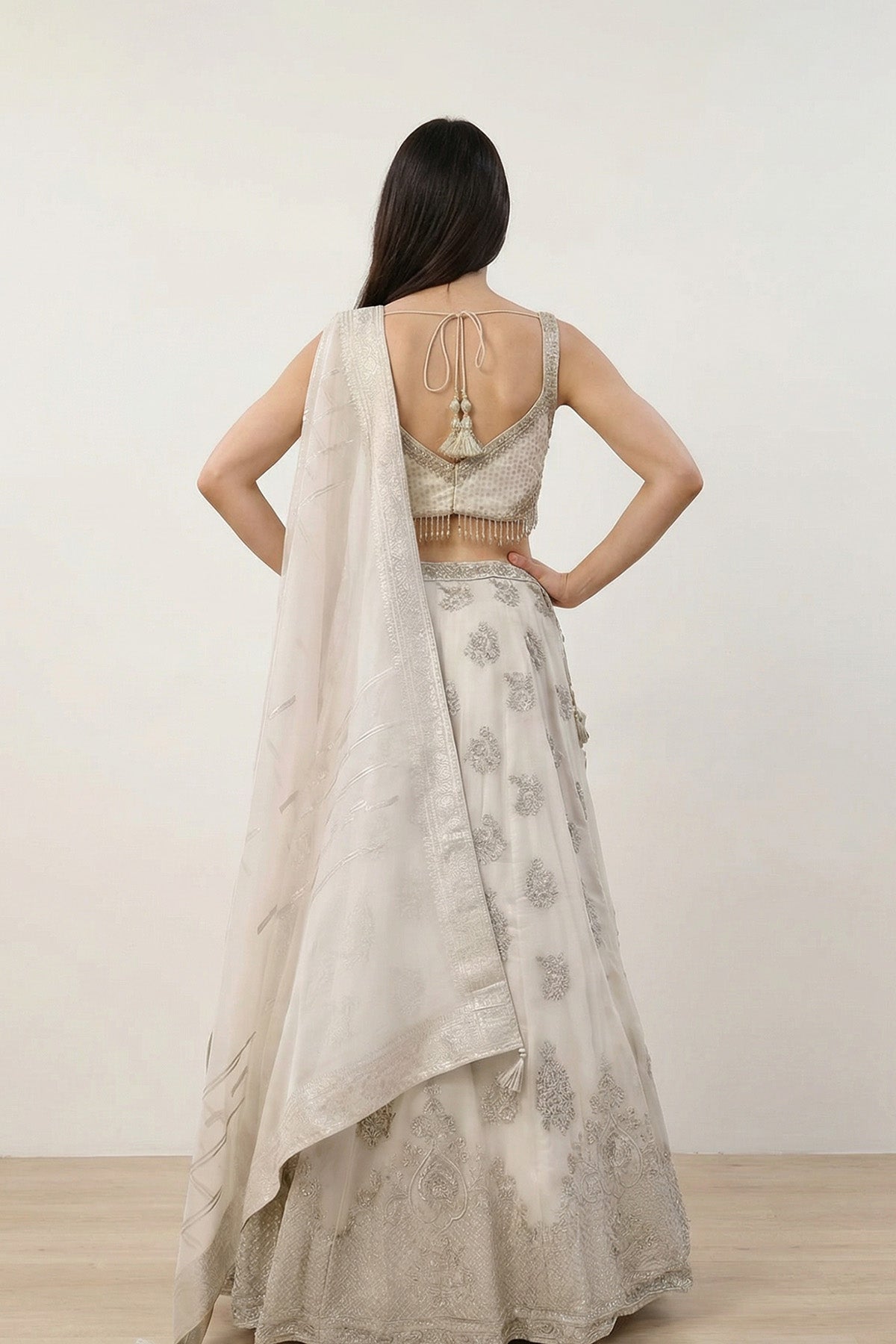 Cream Floral Emb Ghagra Set