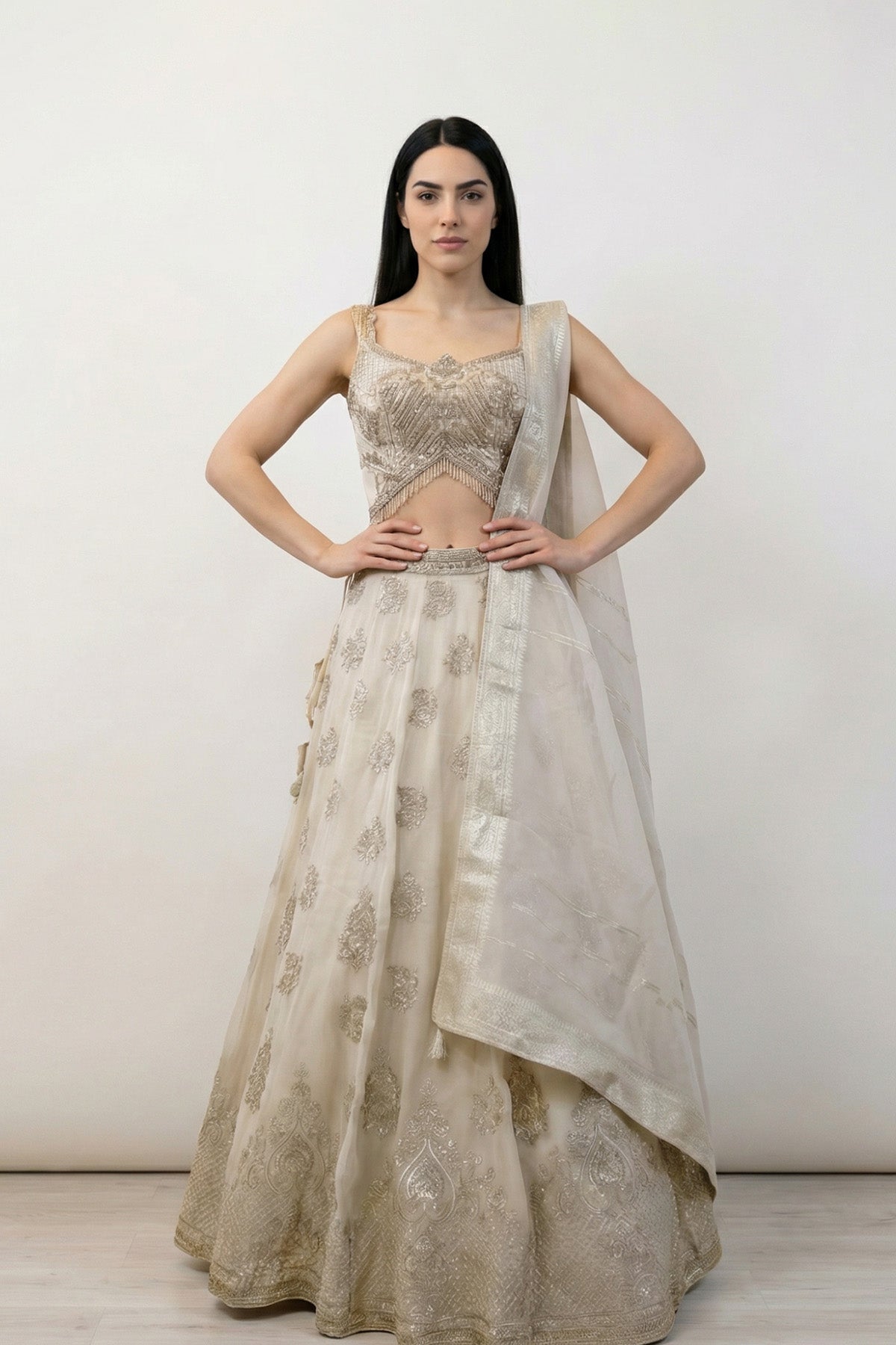 Cream Floral Emb Ghagra Set