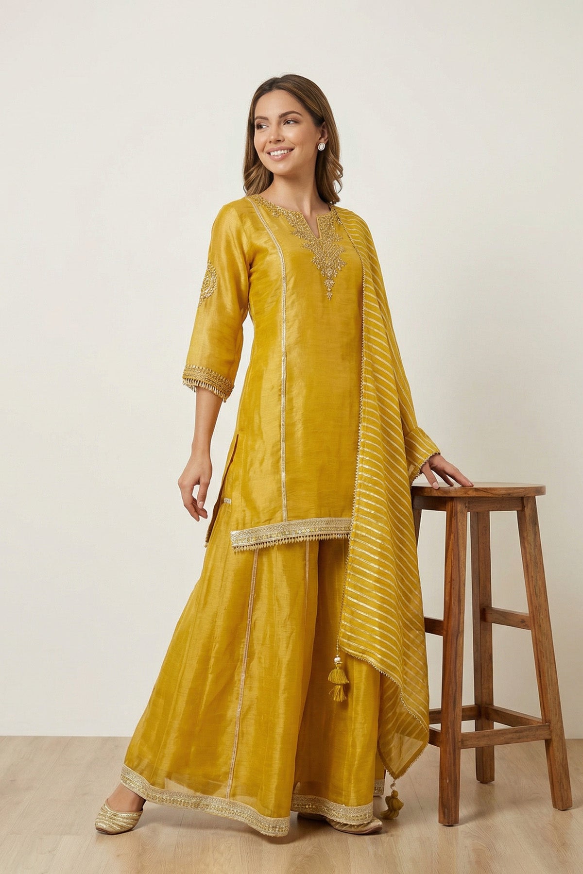 Yellow Sheen Kurti Plaazo Set