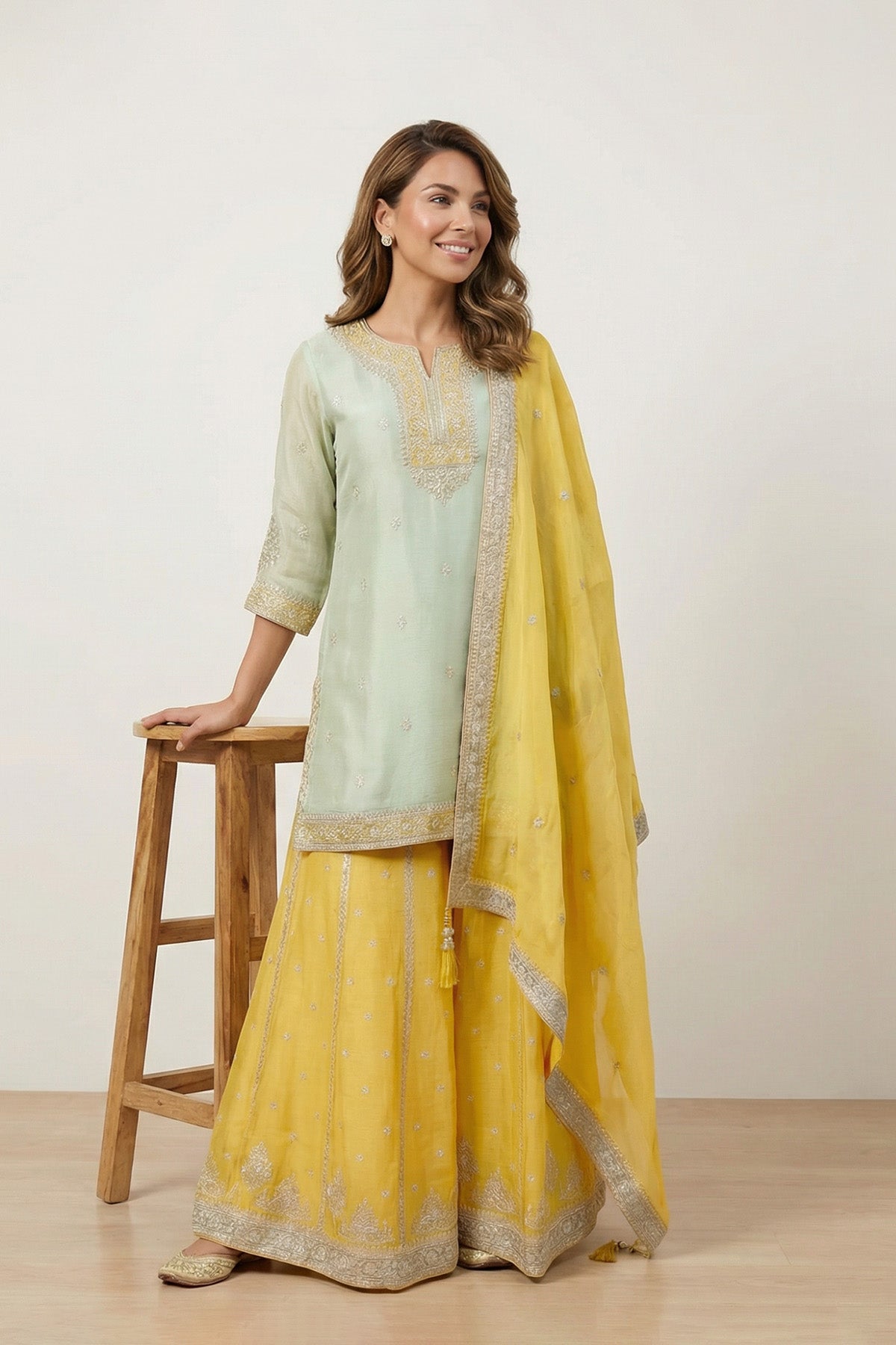 Green & Yellow Sheen Kurti Plaazo Set