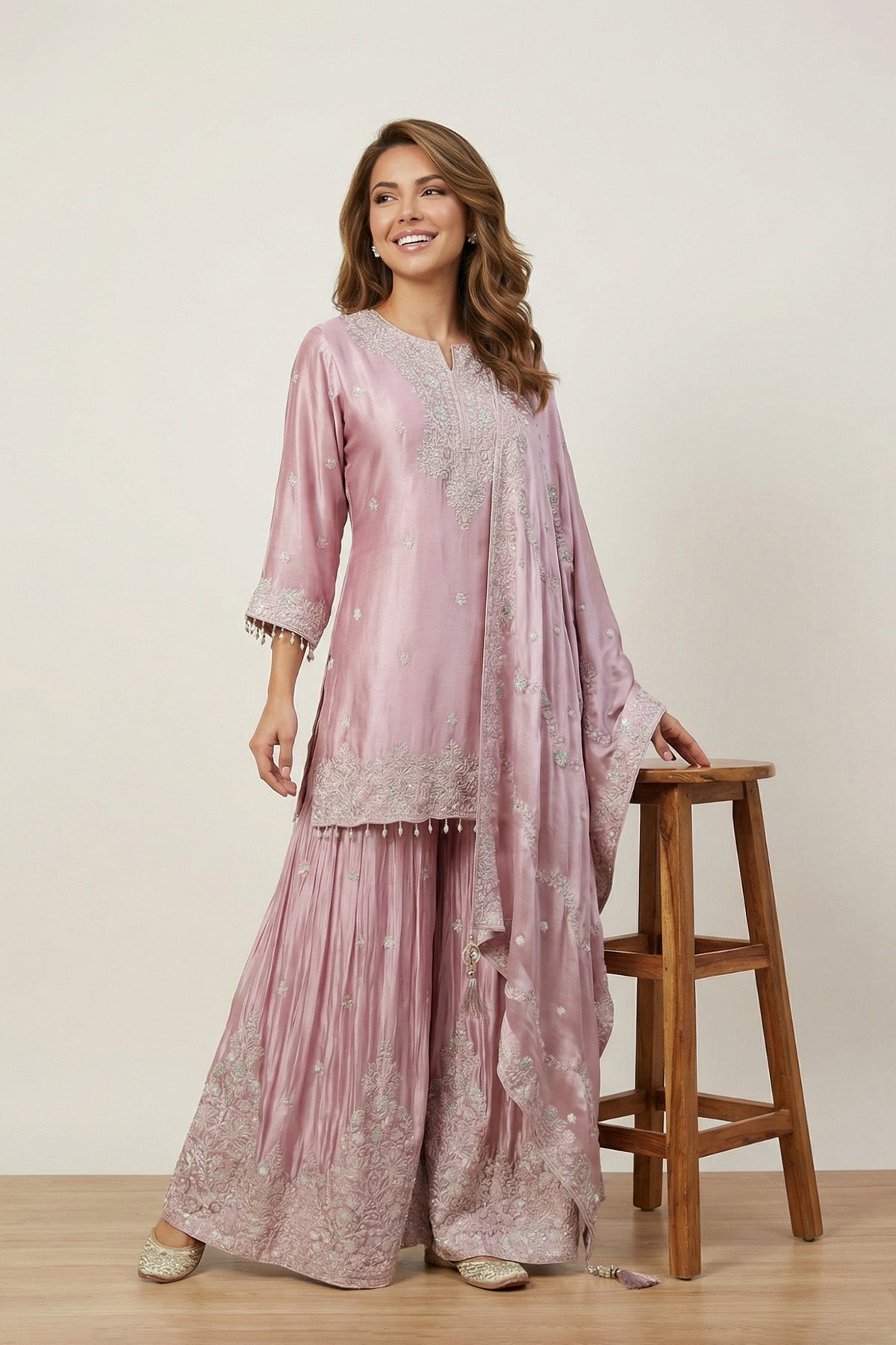 Pink Sheen Kurti Plazo Set