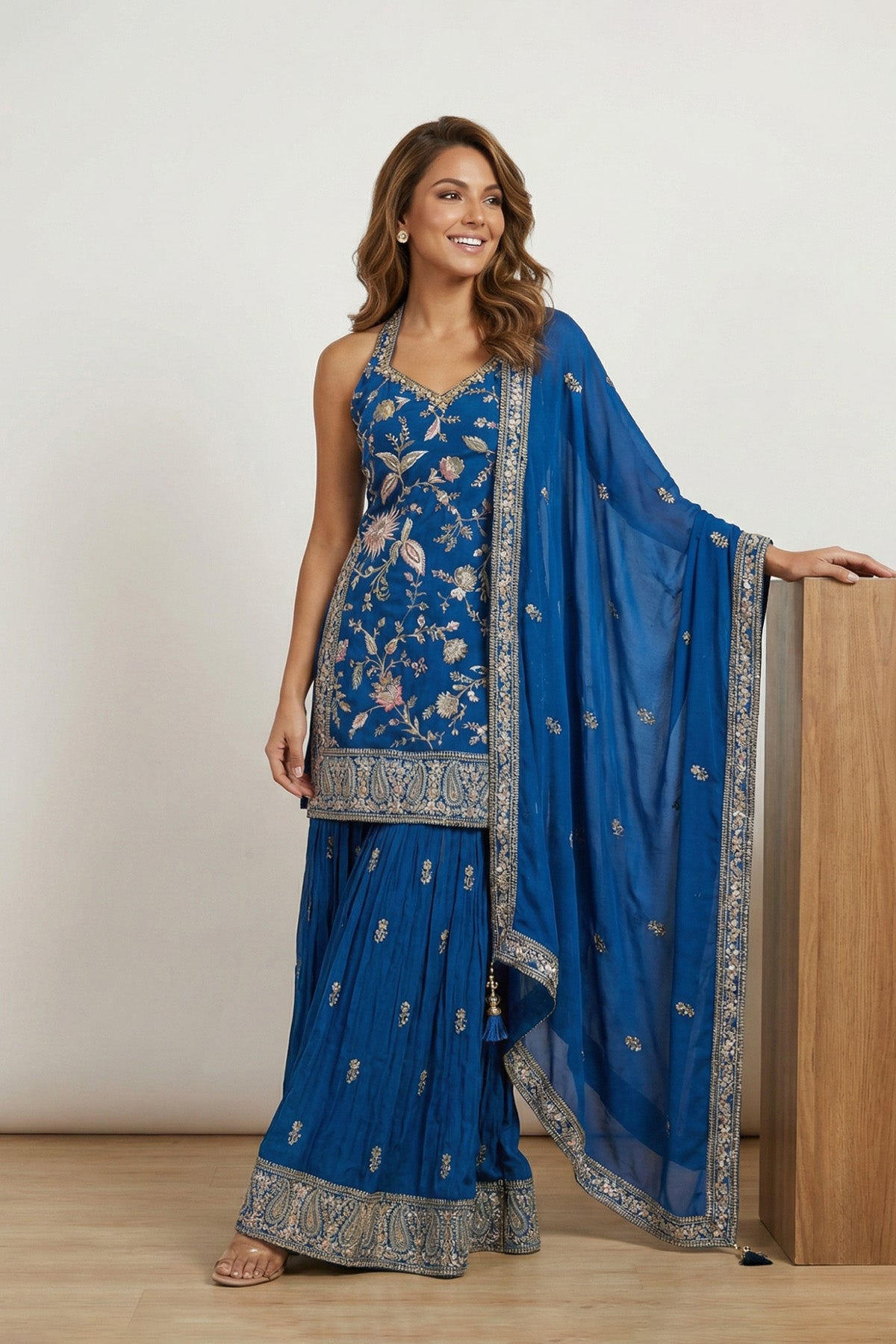 Blue Sheen Kurti Plazo Set