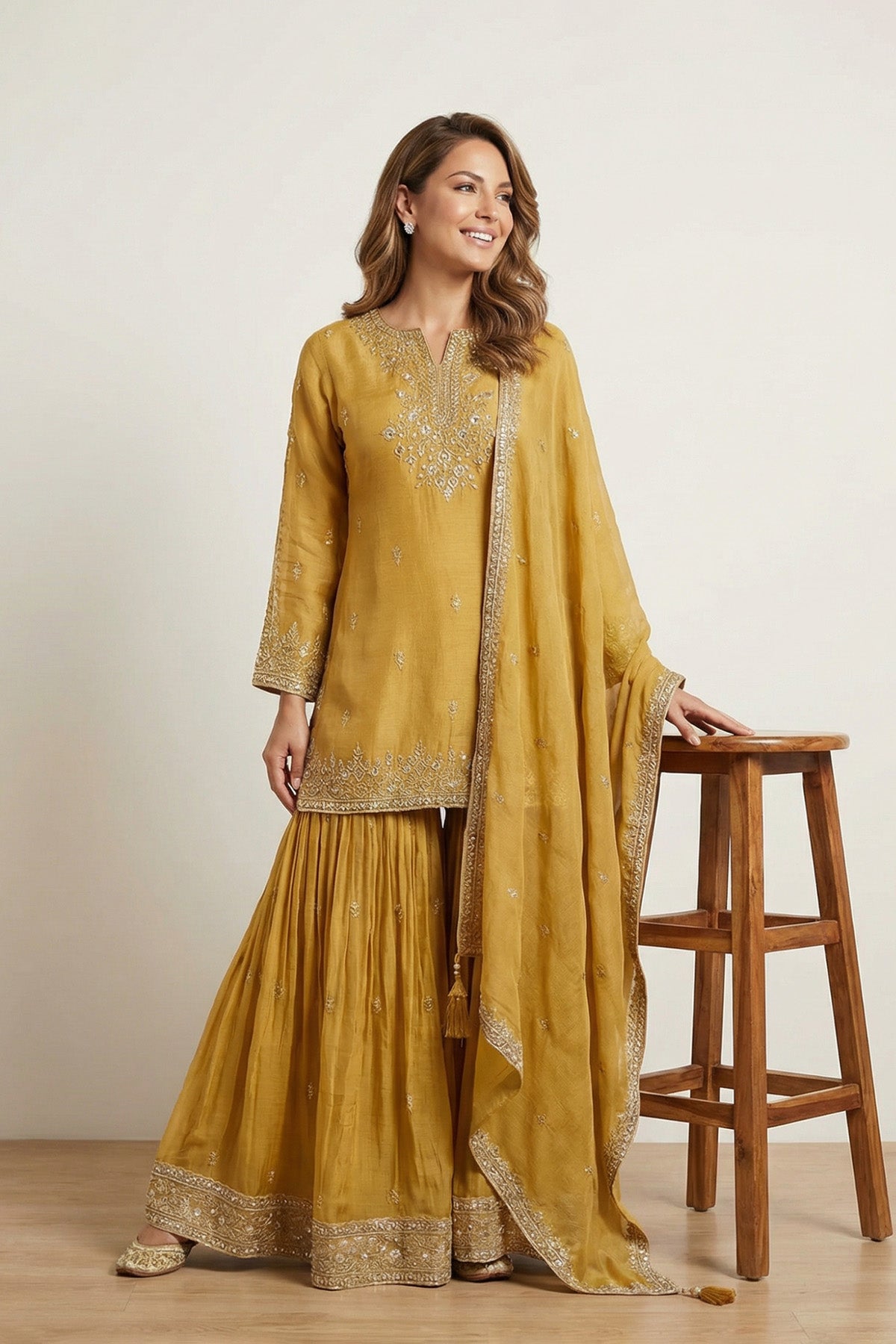 Yellow Sheen Kurti Plazo Set