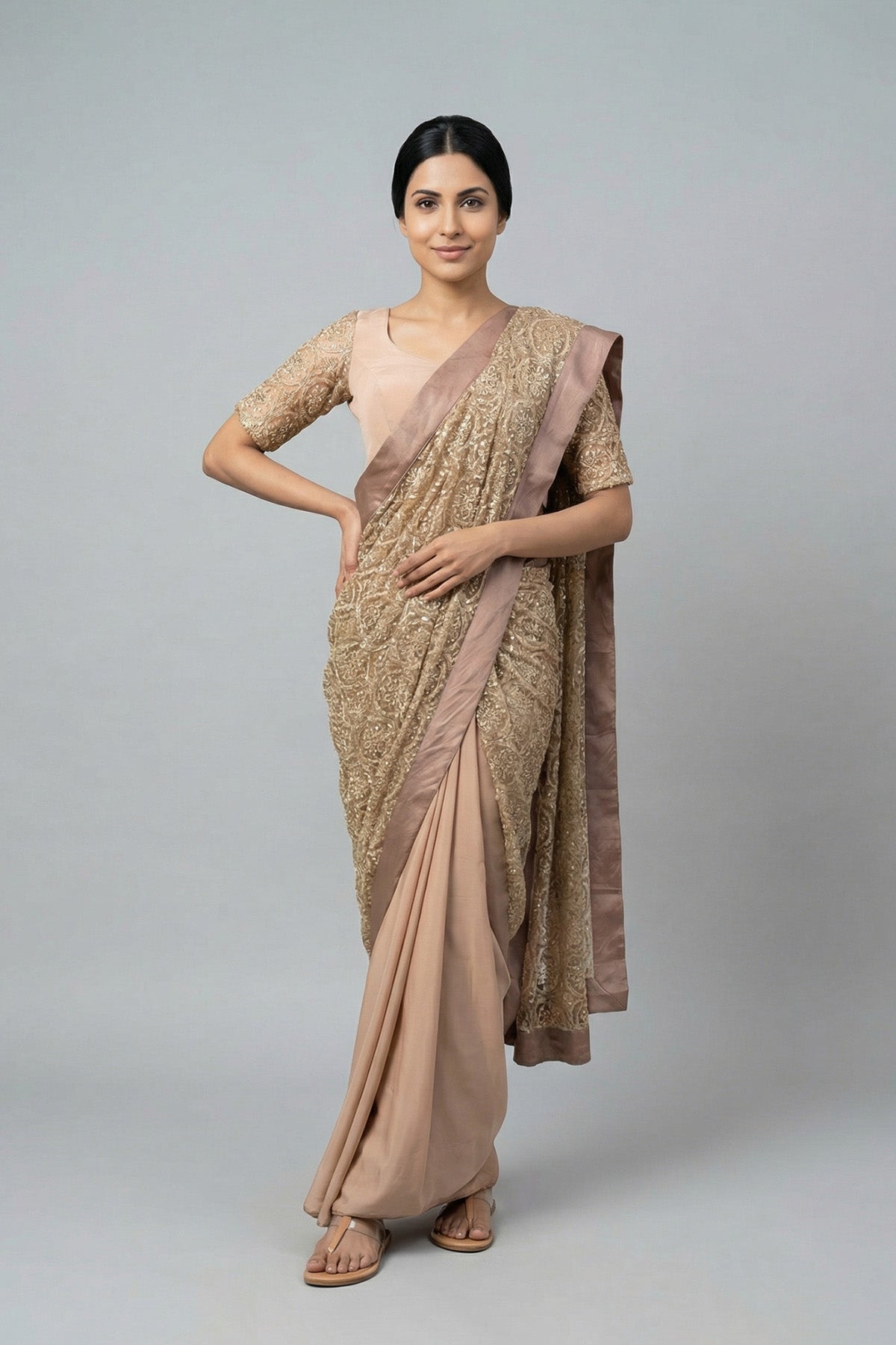 Beige Geo Beads Saree