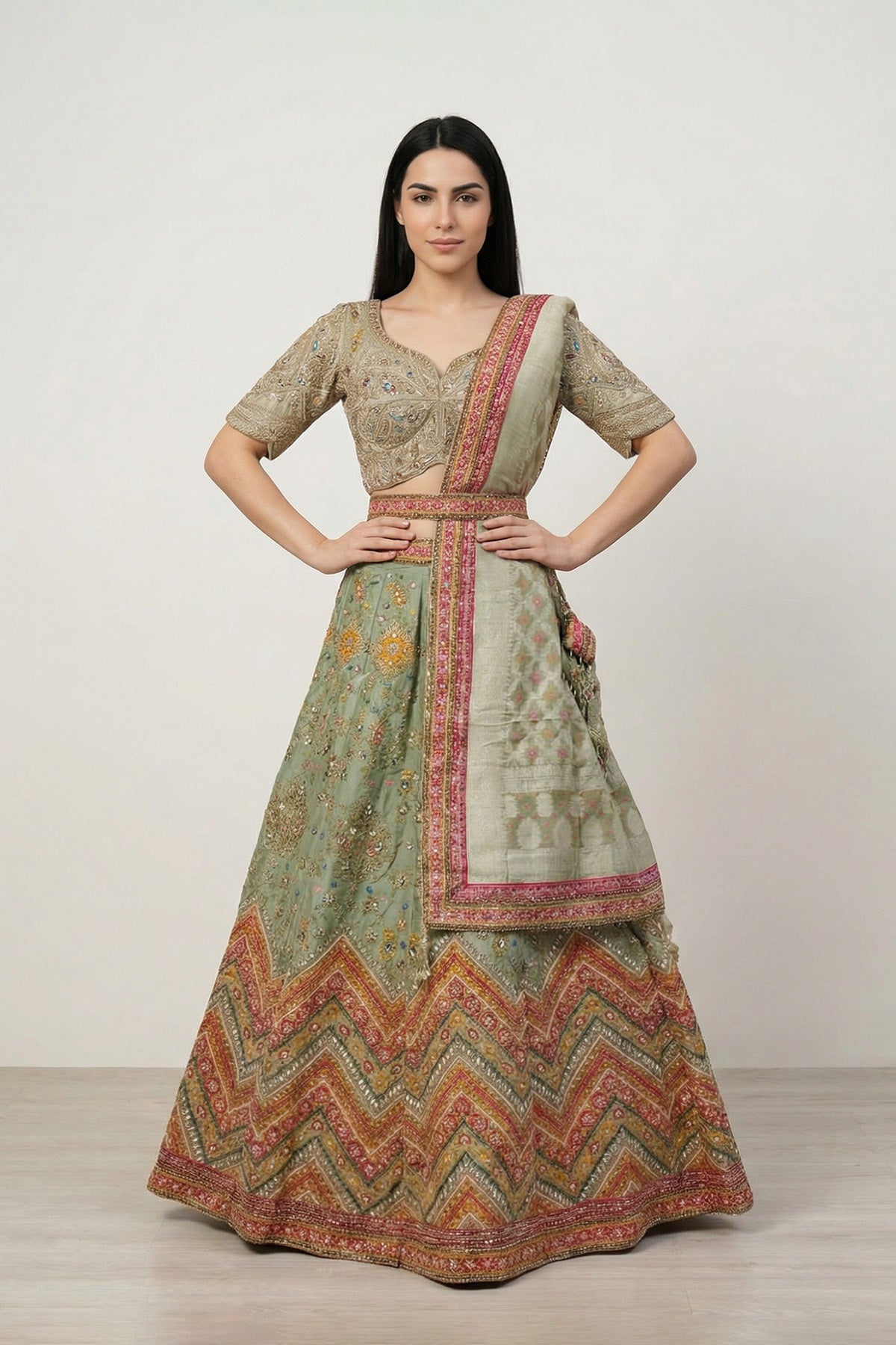 Green Sheen Ghagra Set